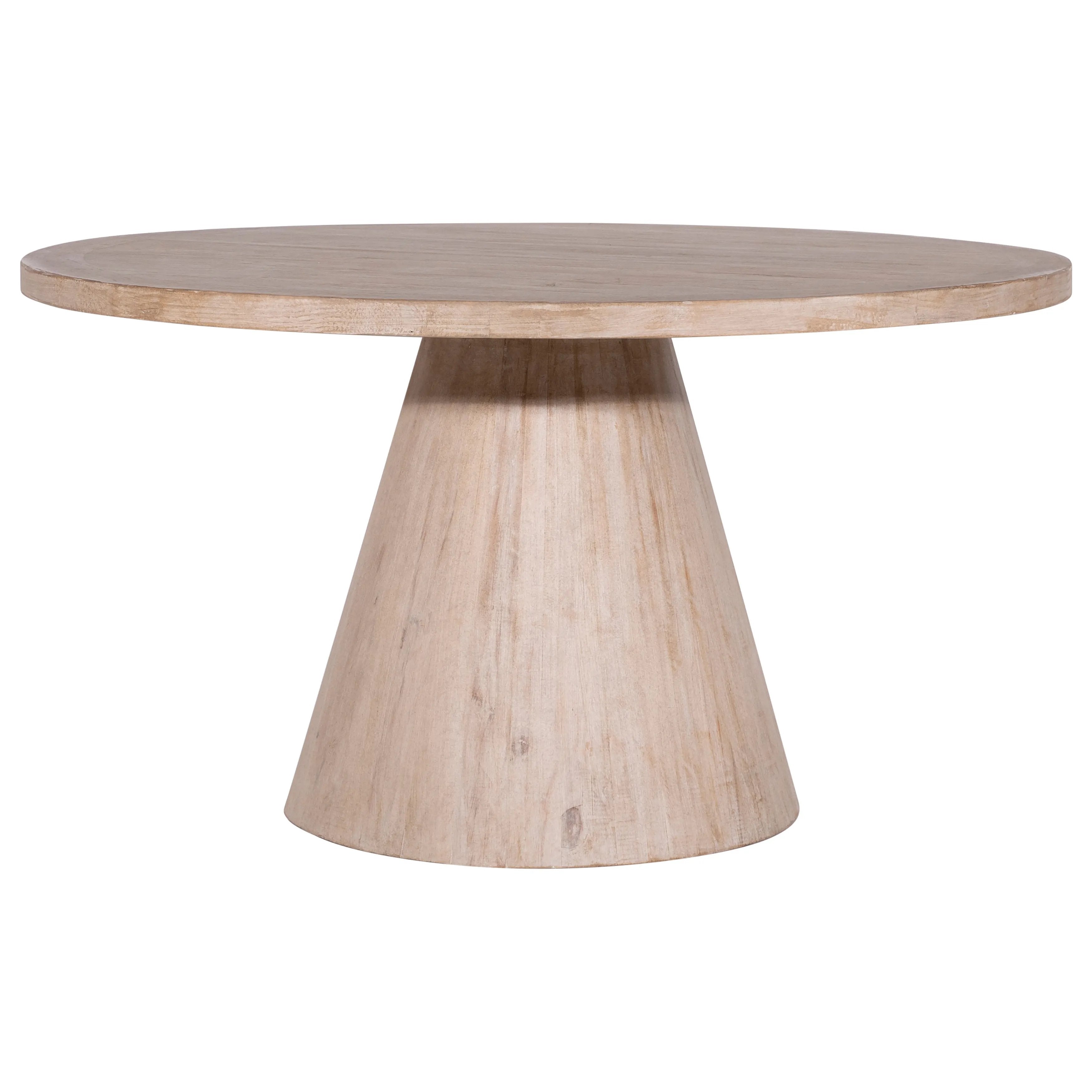 Crafted from reclaimed pine wood, featuring a round shape on a sturdy cone-shaped base that lends to a unique modern silhouette. This 55” round dining table features a light warm wash finish that works great for any style or décor, creating the perfect stage for an enjoyable dinner gathering. Amethyst Home provides interior design, new home construction design consulting, vintage area rugs, and lighting in the Boston metro area.