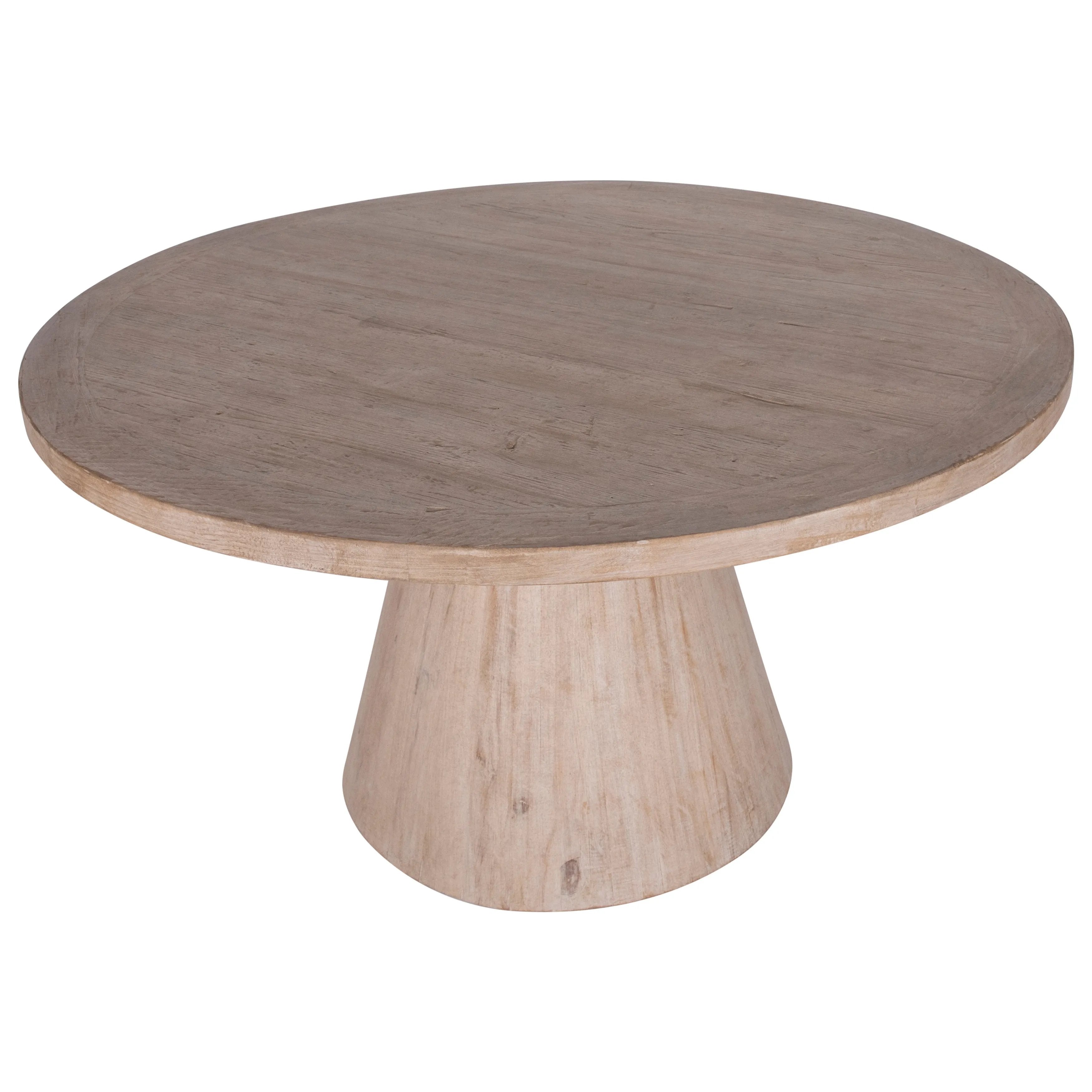 Crafted from reclaimed pine wood, featuring a round shape on a sturdy cone-shaped base that lends to a unique modern silhouette. This 55” round dining table features a light warm wash finish that works great for any style or décor, creating the perfect stage for an enjoyable dinner gathering. Amethyst Home provides interior design, new home construction design consulting, vintage area rugs, and lighting in the Winter Garden metro area.