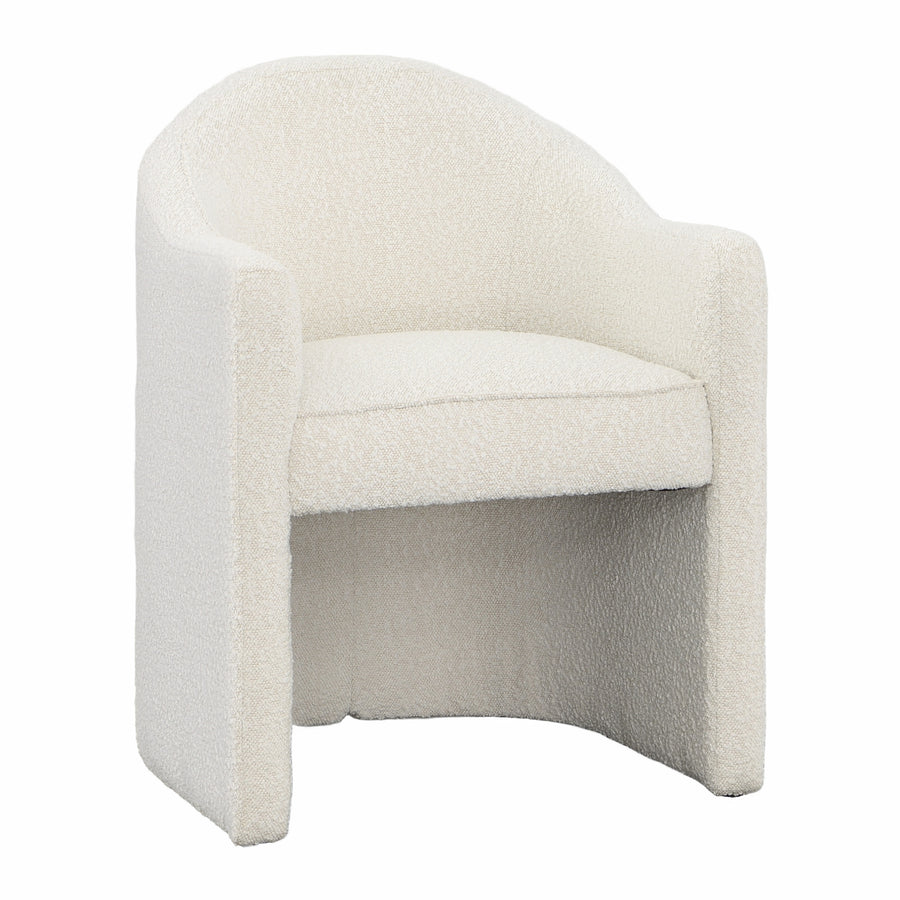 With its graceful silhouette and harmonious proportions, our Thora Dining chair exudes modern simplicity and minimalistic beauty. Featuring a curved back that flows into slender arms for an elegant embrace. This dining chair is made of solid pine wood wrapped entirely in a cream, high-performance boucle upholstery. Measuring 32.12" tall and 23. Amethyst Home provides interior design, new home construction design consulting, vintage area rugs, and lighting in the Charlotte metro area.