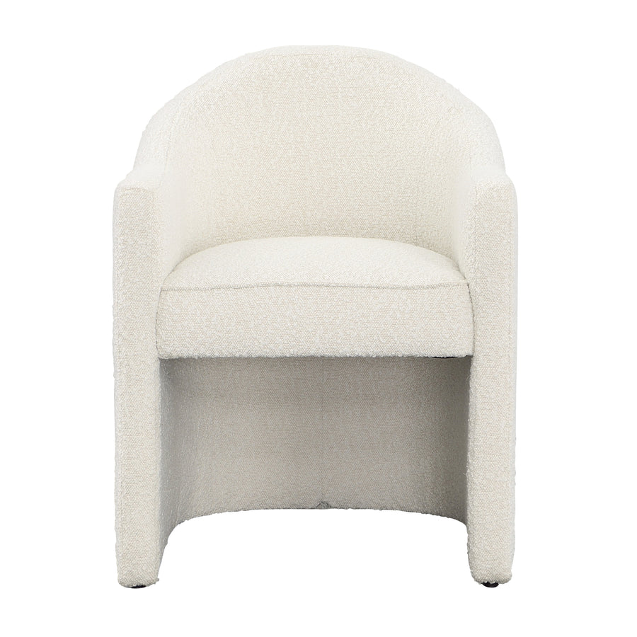 With its graceful silhouette and harmonious proportions, our Thora Dining chair exudes modern simplicity and minimalistic beauty. Featuring a curved back that flows into slender arms for an elegant embrace. This dining chair is made of solid pine wood wrapped entirely in a cream, high-performance boucle upholstery. Measuring 32.12" tall and 23. Amethyst Home provides interior design, new home construction design consulting, vintage area rugs, and lighting in the Omaha metro area.