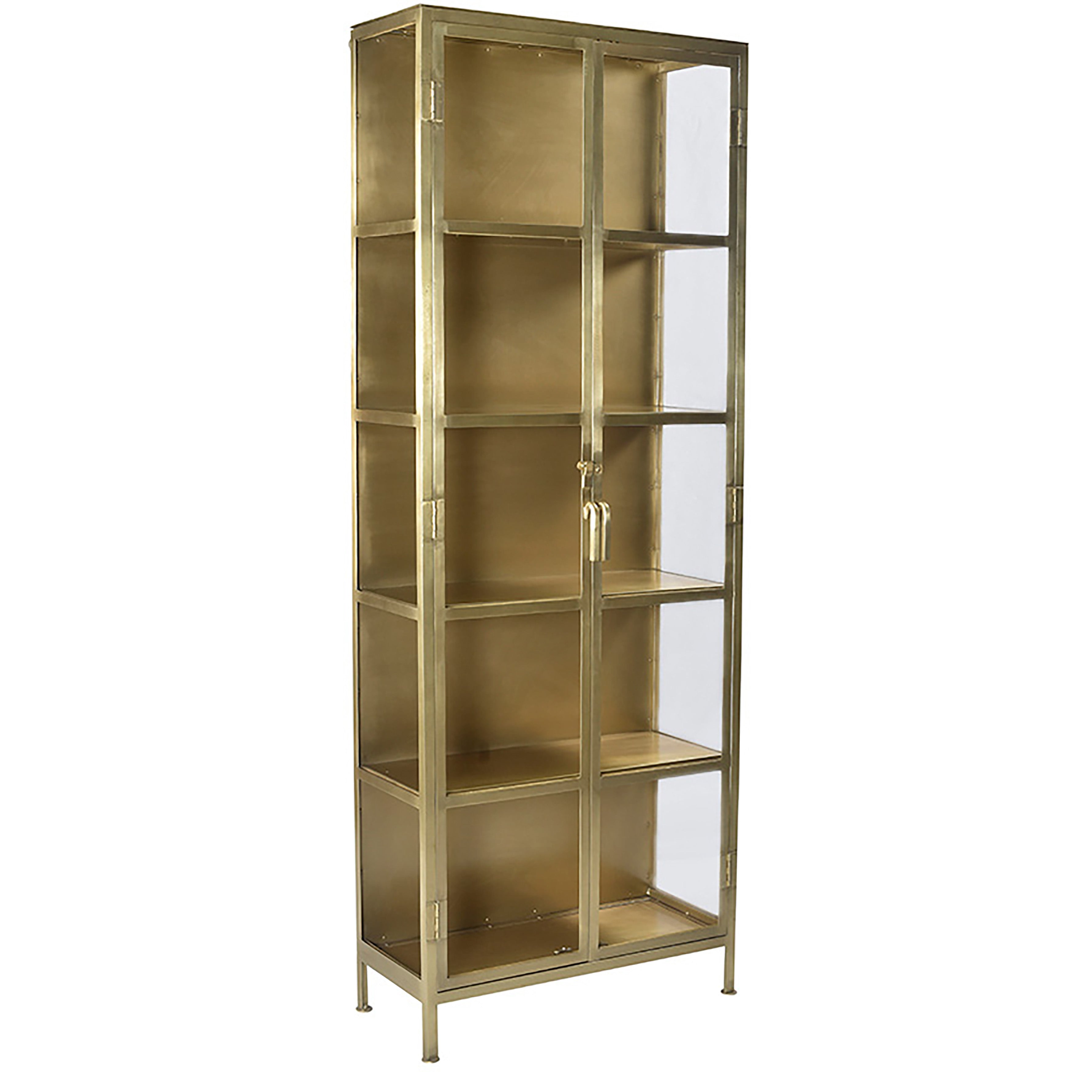 Classic and contemporary, this cabinet lends a versatile look in your living space. Crafted from a sleek iron frame in an antique brass finish with window-style paneling for an open look. This 84” cabinet features two glass doors and five shelf spaces for a roomy interior that creates a beautiful backdrop for décor, keepsakes, and books. Amethyst Home provides interior design, new home construction design consulting, vintage area rugs, and lighting in the Dallas metro area.