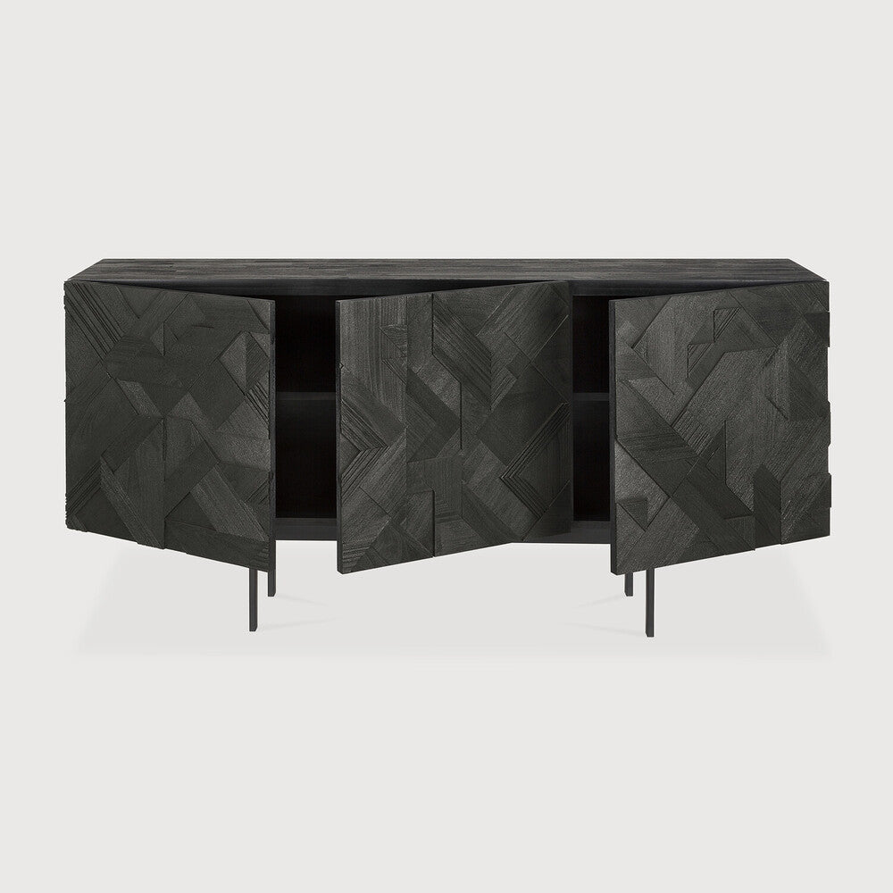 Featuring Graphic Sideboard Teak Black by Ethnicraft at Amethyst Home. In his quest to add movement to the surface, designer Alain van Havre started layering and combining triangular shapes. Before he knew it he had created a visually enticing composition out of teak and the Graphic design was born. By using multiple layers, a sense of depth and dynamism is cr. Amethyst Home provides interior design, new home construction design consulting, vintage area rugs, and lighting in the Austin metro area.