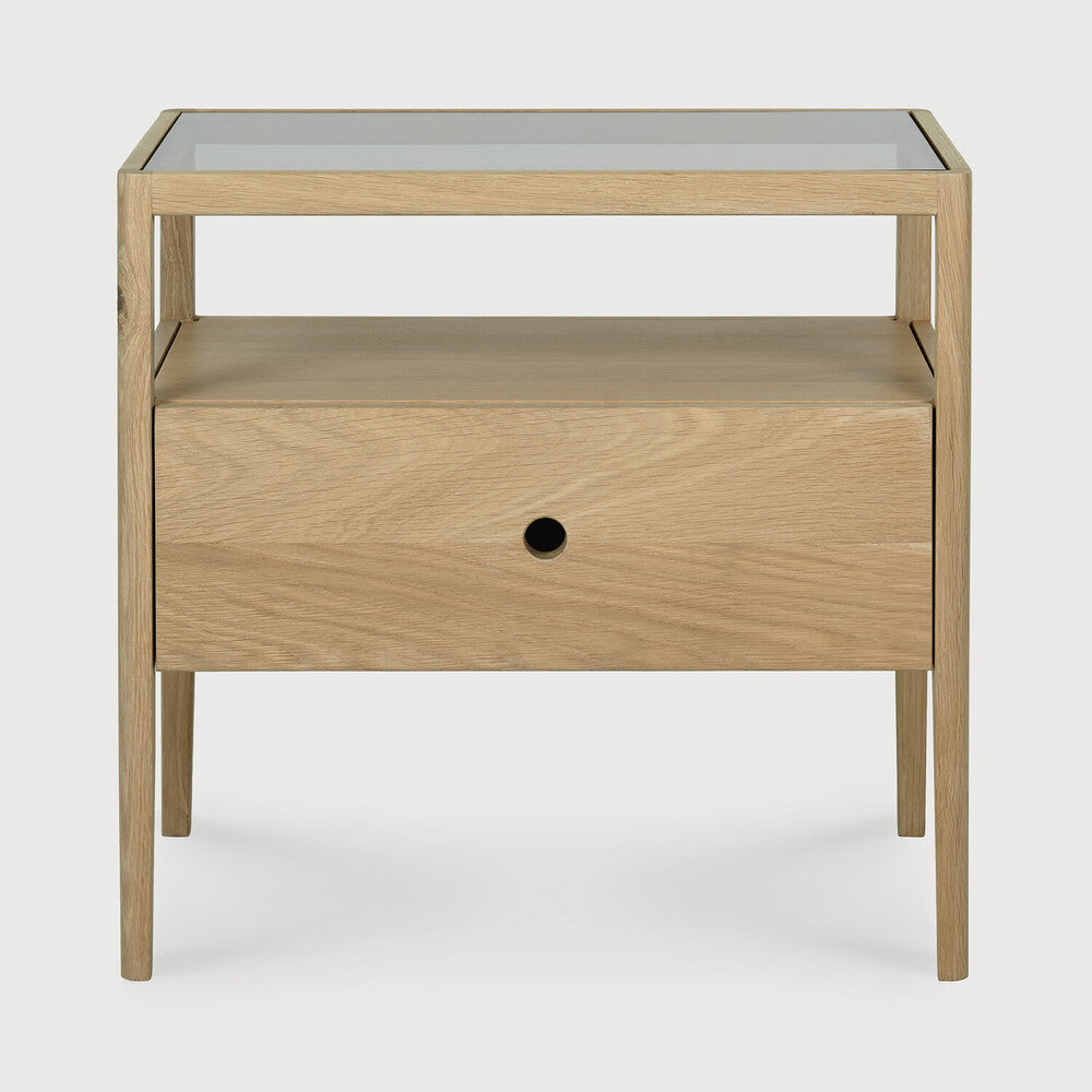 With its one drawer, open space and slightly tapered legs, the Spindle bedside table is the perfect no-nonsense companion for the striking Spindle bed. Amethyst Home provides interior design, new home construction design consulting, vintage area rugs, and lighting in the Seattle metro area.