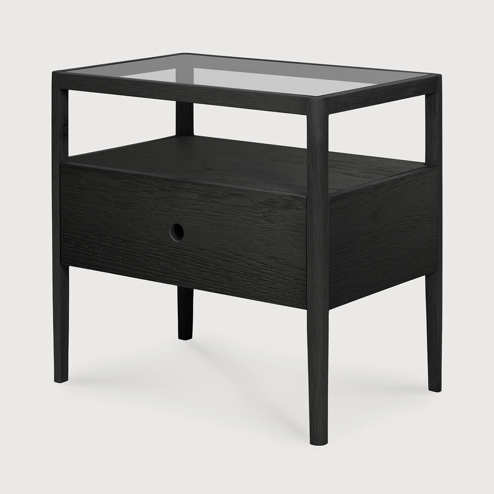 With its one drawer, open space and slightly tapered legs, the Spindle bedside table is the perfect no-nonsense companion for the striking Spindle bed. Amethyst Home provides interior design, new home construction design consulting, vintage area rugs, and lighting in the San Diego metro area.