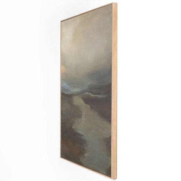 Inspired by nature and the beauty of ordinary life, Dallas-based artist Lauren Fuhr captures fog rolling over the hills on matte canvas. Complemented by a vertical grain white oak floater frame.  Amethyst Home provides interior design services, furniture, rugs, and lighting in the Kansas City metro area.
