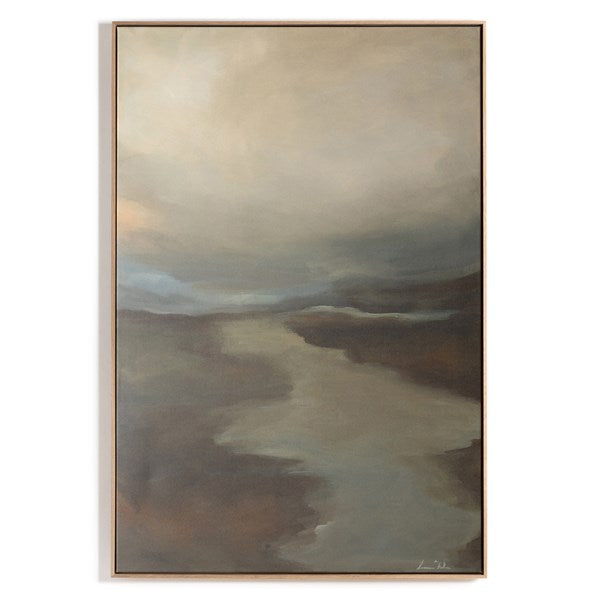 Inspired by nature and the beauty of ordinary life, Dallas-based artist Lauren Fuhr captures fog rolling over the hills on matte canvas. Complemented by a vertical grain white oak floater frame.  Amethyst Home provides interior design services, furniture, rugs, and lighting in the Omaha metro area.
