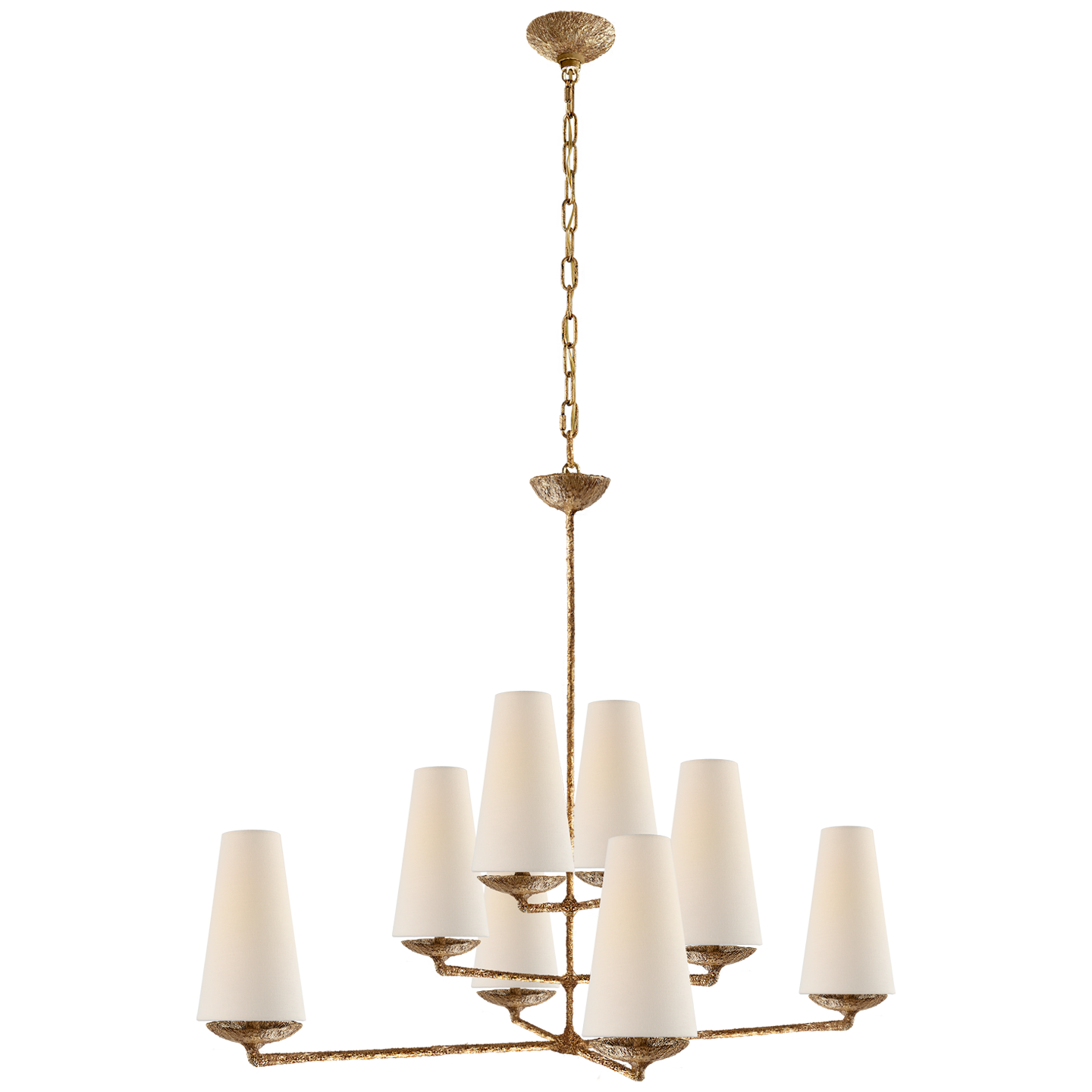 The Fontaine Large Offset Chandelier by Visual Comfort has a slim cross section at the bottom matched with offset layers of linen shades. This is a gorgeous piece to add to any dining room, living room, or other large area  Designer: AERIN