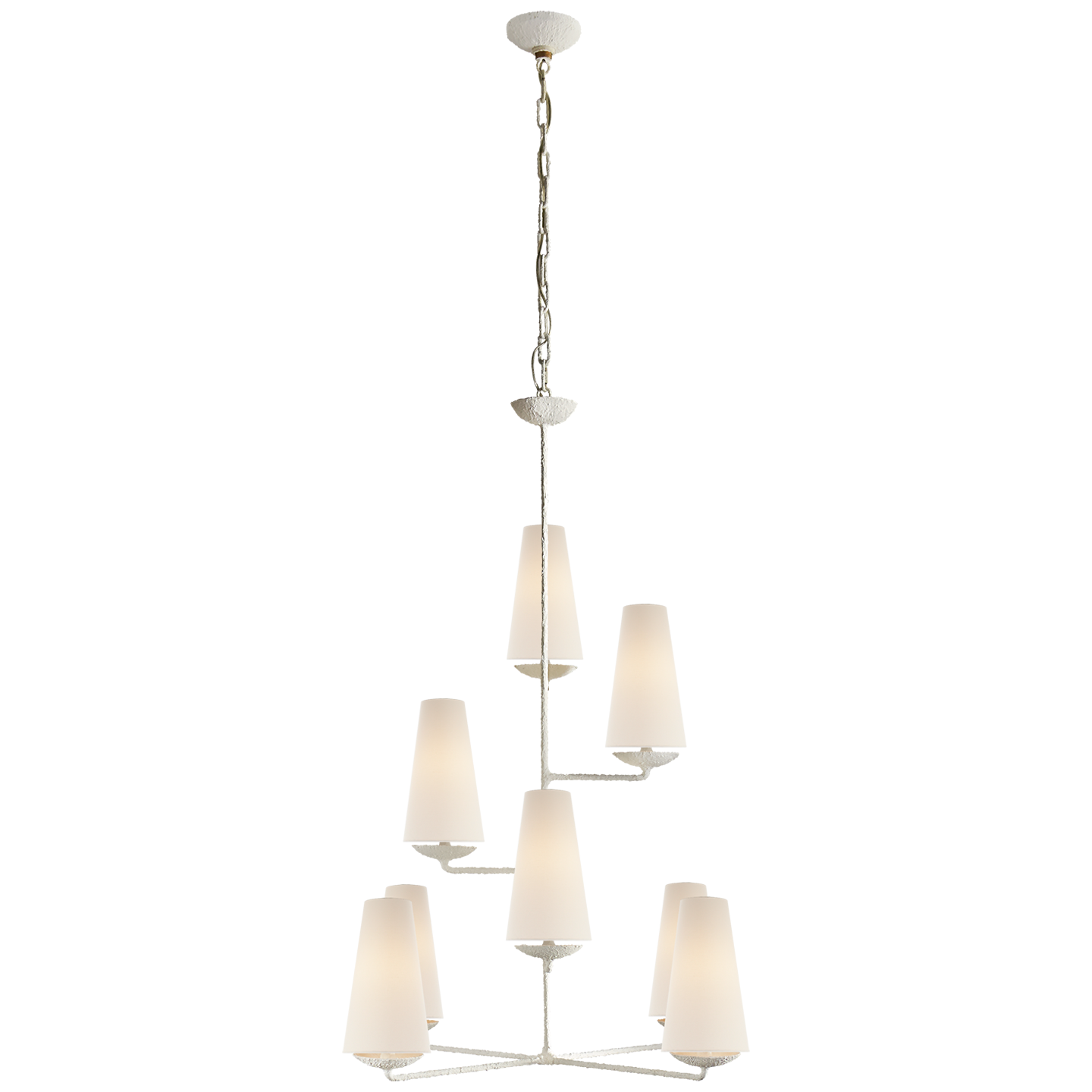 The Fontaine Vertical Chandelier by Visual Comfort has a classy, layered look. The linen shades brings a warm light to any living room, dining room, or other large area  Designer: AERIN