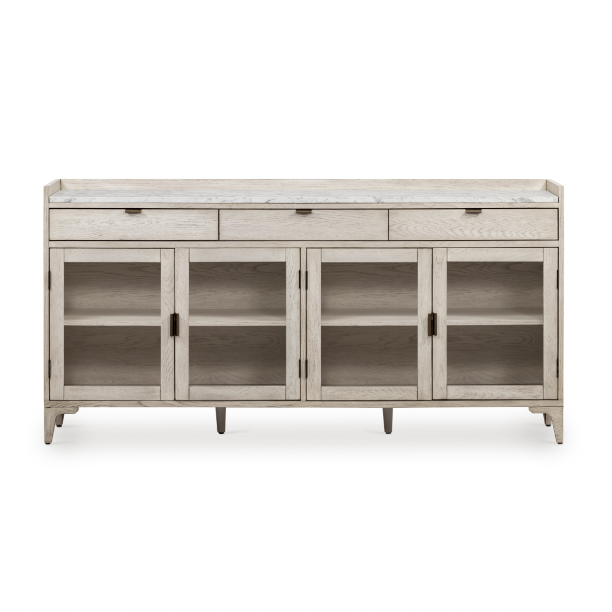 This Viggo Vintage White Oak Sideboard has three function drawers with glass bottom doors opening to spacious interior shelving -- perfect for storing your favorite china or family heirlooms. The vintage white oak color brings an antique, rustic appeal to any kitchen or dining area while the marble top gives the space a more modern look.   Overall Dimensions: 72.00"w x 17.00"d x 36.00"h Materials: Oak Veneer, Solid Marble