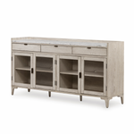 This Viggo Vintage White Oak Sideboard has three function drawers with glass bottom doors opening to spacious interior shelving -- perfect for storing your favorite china or family heirlooms. The vintage white oak color brings an antique, rustic appeal to any kitchen or dining area while the marble top gives the space a more modern look.   Overall Dimensions: 72.00"w x 17.00"d x 36.00"h Materials: Oak Veneer, Solid Marble