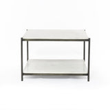 We love the sophisticated look the marble paired with the iron frame brings to this Felix Hammered Grey Bunching Table. The bottom shelve is both functional and beautiful!  Overall Dimensions: 25.00"w x 25.00"d x 16.00"h Materials: Iron, Marble Weight: 90.39 lb