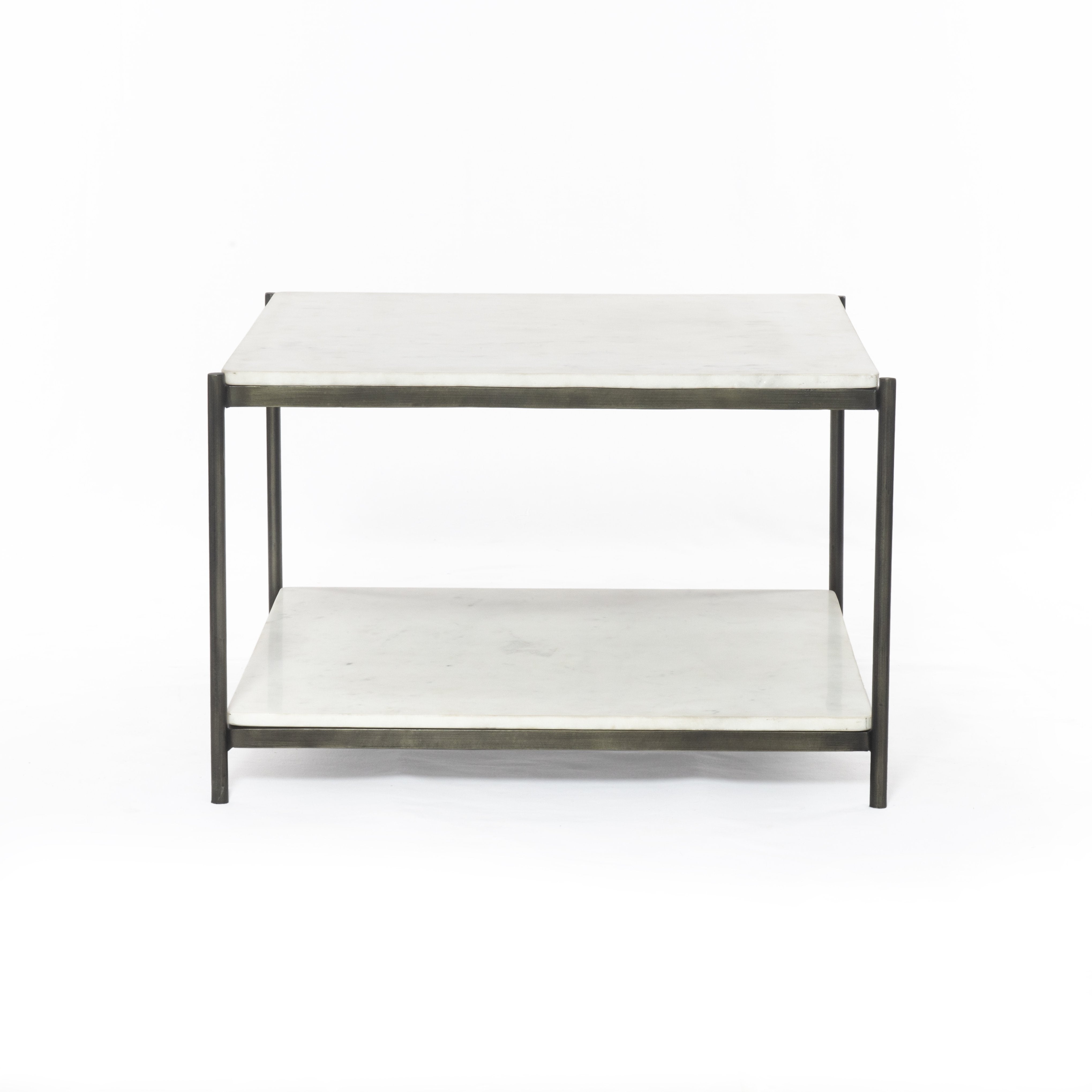 We love the sophisticated look the marble paired with the iron frame brings to this Felix Hammered Grey Bunching Table. The bottom shelve is both functional and beautiful!  Overall Dimensions: 25.00"w x 25.00"d x 16.00"h Materials: Iron, Marble Weight: 90.39 lb