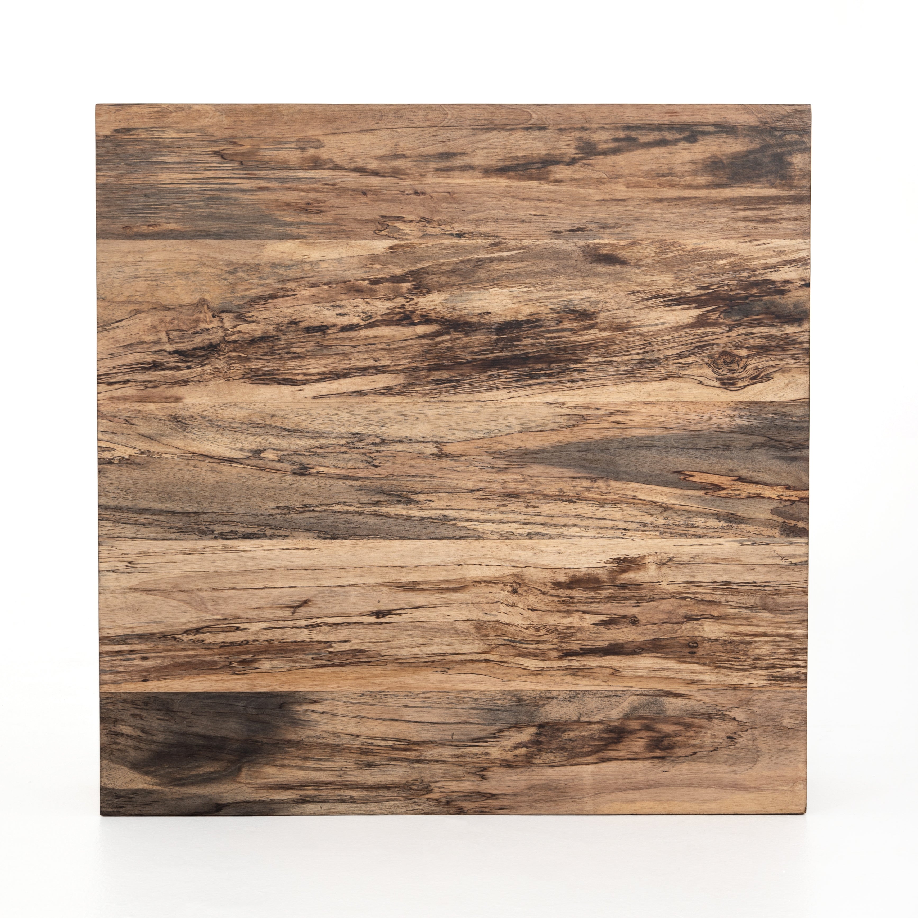 We are obsessed with the spalted pimavera coloring of this Hudson Spalted Primavera Square Coffee Table. A stunning piece to add to any living room or loung area. Reflective of woods' natural character, a slight color variance is possible.  Overall Dimensions: 40"w x 40"d x 15"h Materials: Primavera, Iron