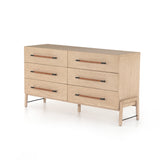 The light-finished oak of this Rosedale 6 Drawer Dresser brings a clean, brightness to any room. With six spacious drawers and iron hardware wrapped in a gorgeous, tan leather,  this is a functional and beautiful piece to add to your bedroom or other area.   Overall Dimensions: 62.50"w x 19.50"d x 33.00"h Materials: Oak Veneer, Top Grain Leather, Iron, Solid Oak
