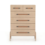 The light-finished oak of this Rosedale 6 Drawer Tall Dresser brings a clean, brightness to any room. With four large drawers and two smaller drawers, this is a functional and beautiful piece to add to your bedroom or other area. The iron hardware wrapped in a gorgeous, tan leather really seals the deal!   Overall Dimensions: 36.50"w x 19.50"d x 49.25"h Materials: Oak Veneer, Top Grain Leather, Iron, Solid Oak
