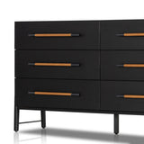 The ebony oak of this Rosedale 6 Drawer Dresser brings a moody, darkness to any room. With six spacious drawers and iron hardware wrapped in a gorgeous, tan leather, this is a functional and beautiful piece to add to your bedroom or other area.  Amethyst Home provides interior design, new home construction design consulting, vintage area rugs, and lighting in the Alpharetta metro area.