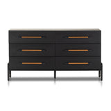 The ebony oak of this Rosedale 6 Drawer Dresser brings a moody, darkness to any room. With six spacious drawers and iron hardware wrapped in a gorgeous, tan leather, this is a functional and beautiful piece to add to your bedroom or other area.  Amethyst Home provides interior design, new home construction design consulting, vintage area rugs, and lighting in the Newport Beach metro area.
