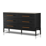 The ebony oak of this Rosedale 6 Drawer Dresser brings a moody, darkness to any room. With six spacious drawers and iron hardware wrapped in a gorgeous, tan leather, this is a functional and beautiful piece to add to your bedroom or other area.  Amethyst Home provides interior design, new home construction design consulting, vintage area rugs, and lighting in the Scottsdale metro area.
