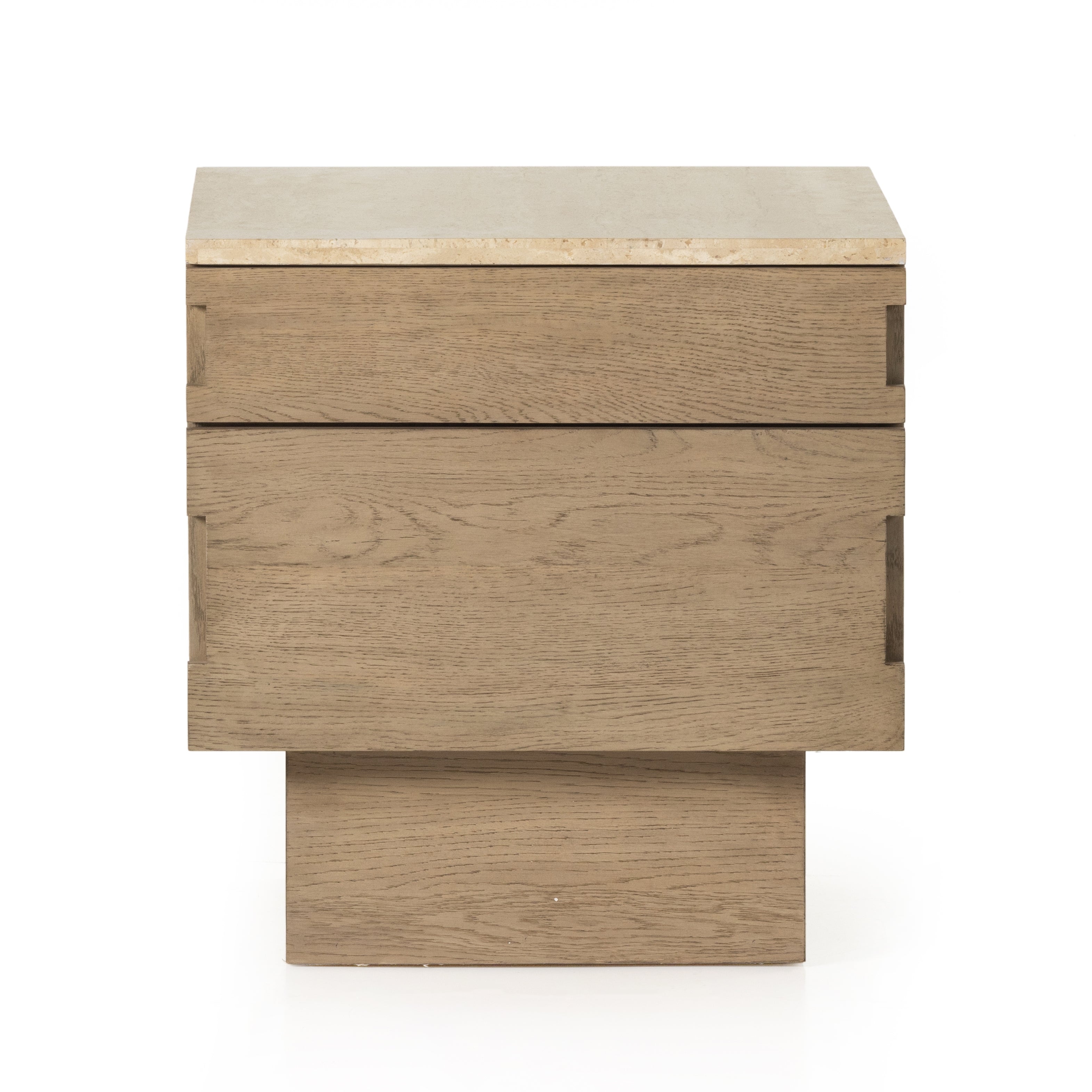 Made from light-finished oak atop a plinth-style base, dual drawers bring extra storage space to the bedside, with a solid travertine top reflective of 1970s inspiration. Amethyst Home provides interior design, new home construction design consulting, vintage area rugs, and lighting in the Seattle metro area.