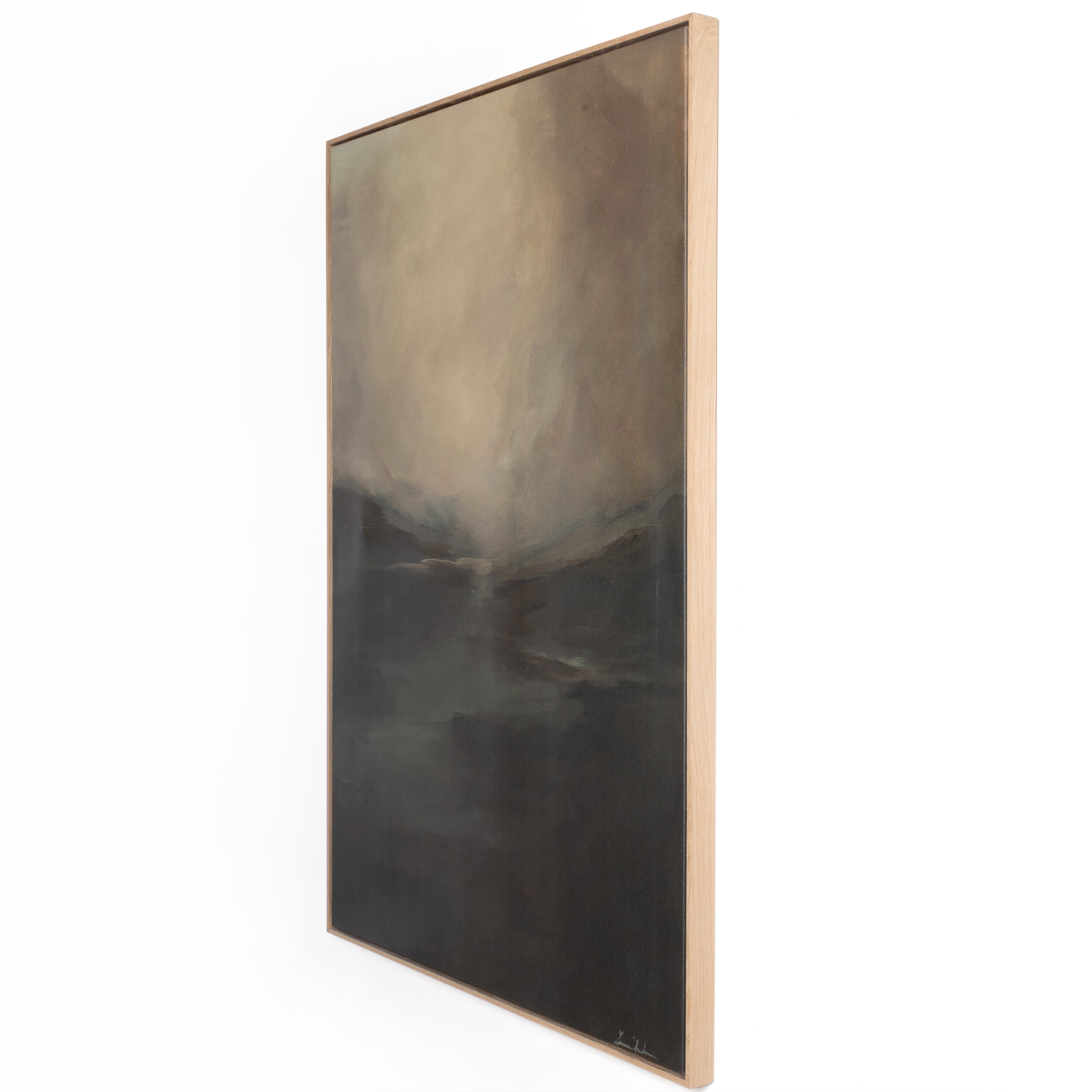 Inspired by nature and the beauty of ordinary life, Dallas-based artist Lauren Fuhr captures fog rolling over the hills on matte canvas. Complemented by a vertical grain white oak floater frame. Amethyst Home provides interior design, new home construction design consulting, vintage area rugs, and lighting in the Austin metro area.