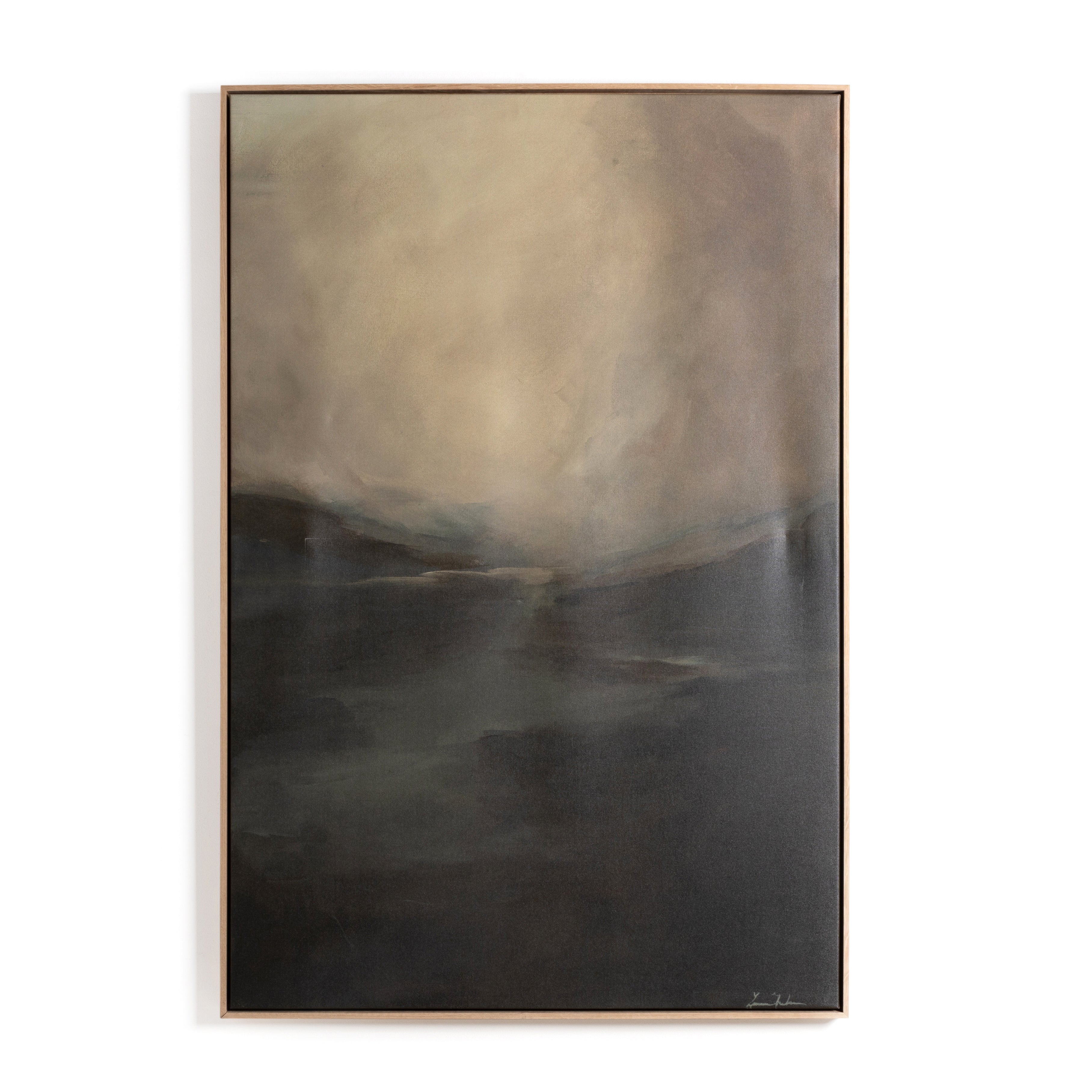 Inspired by nature and the beauty of ordinary life, Dallas-based artist Lauren Fuhr captures fog rolling over the hills on matte canvas. Complemented by a vertical grain white oak floater frame. Amethyst Home provides interior design, new home construction design consulting, vintage area rugs, and lighting in the Scottsdale metro area.