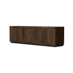 Made from thick-cut oak veneer with a faux rustic finish made to emulate wormwood, this spacious media console features chunky squared legs and dovetail joinery detailing. Amethyst Home provides interior design, new home construction design consulting, vintage area rugs, and lighting in the Calabasas metro area.