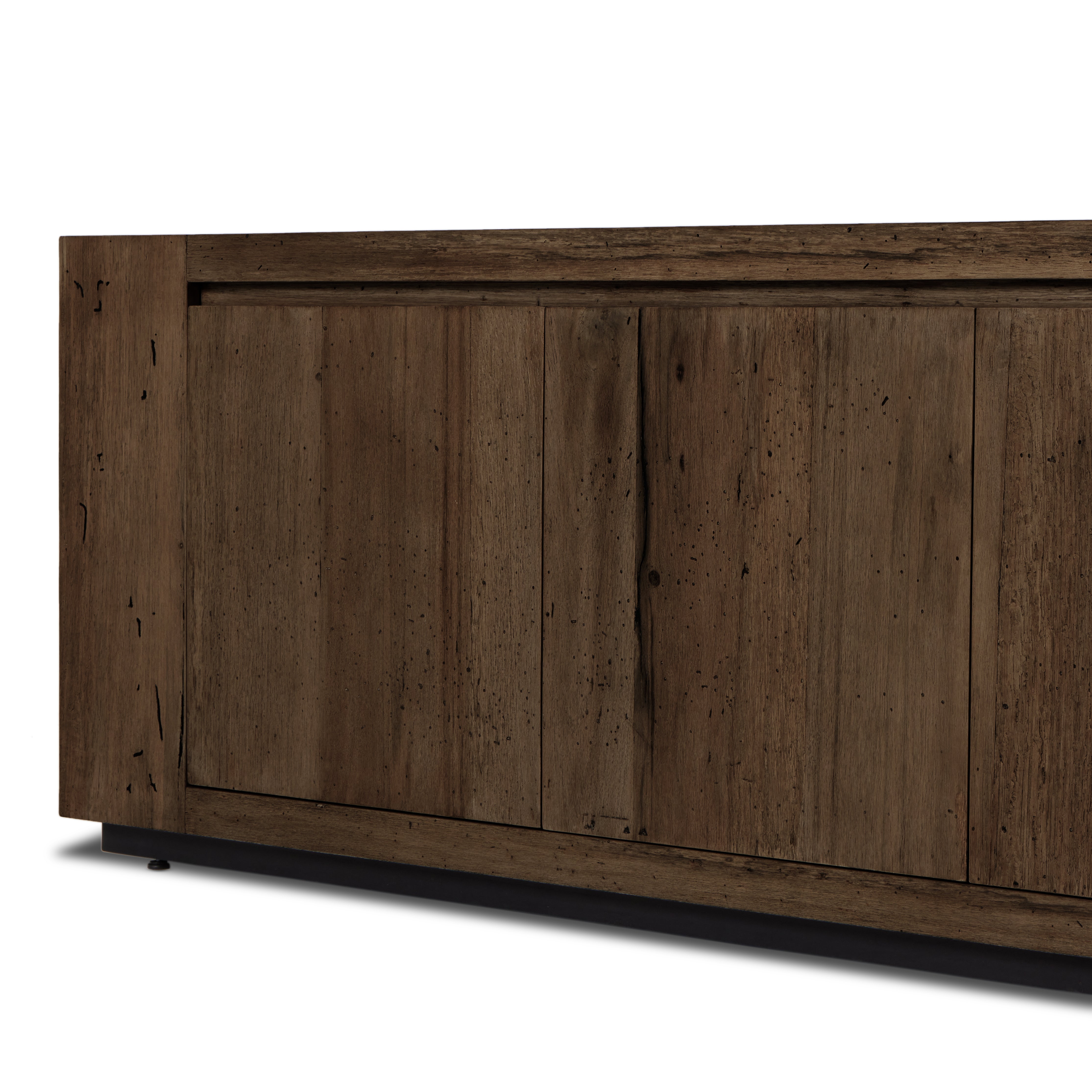 Made from thick-cut oak veneer with a faux rustic finish made to emulate wormwood, this spacious media console features chunky squared legs and dovetail joinery detailing. Amethyst Home provides interior design, new home construction design consulting, vintage area rugs, and lighting in the Miami metro area.
