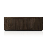 Made from thick-cut oak veneer with a faux rustic finish made to emulate wormwood, this low, large-scale sideboard features chunky squared legs and dovetail joinery detailing. Amethyst Home provides interior design, new home construction design consulting, vintage area rugs, and lighting in the Dallas metro area.