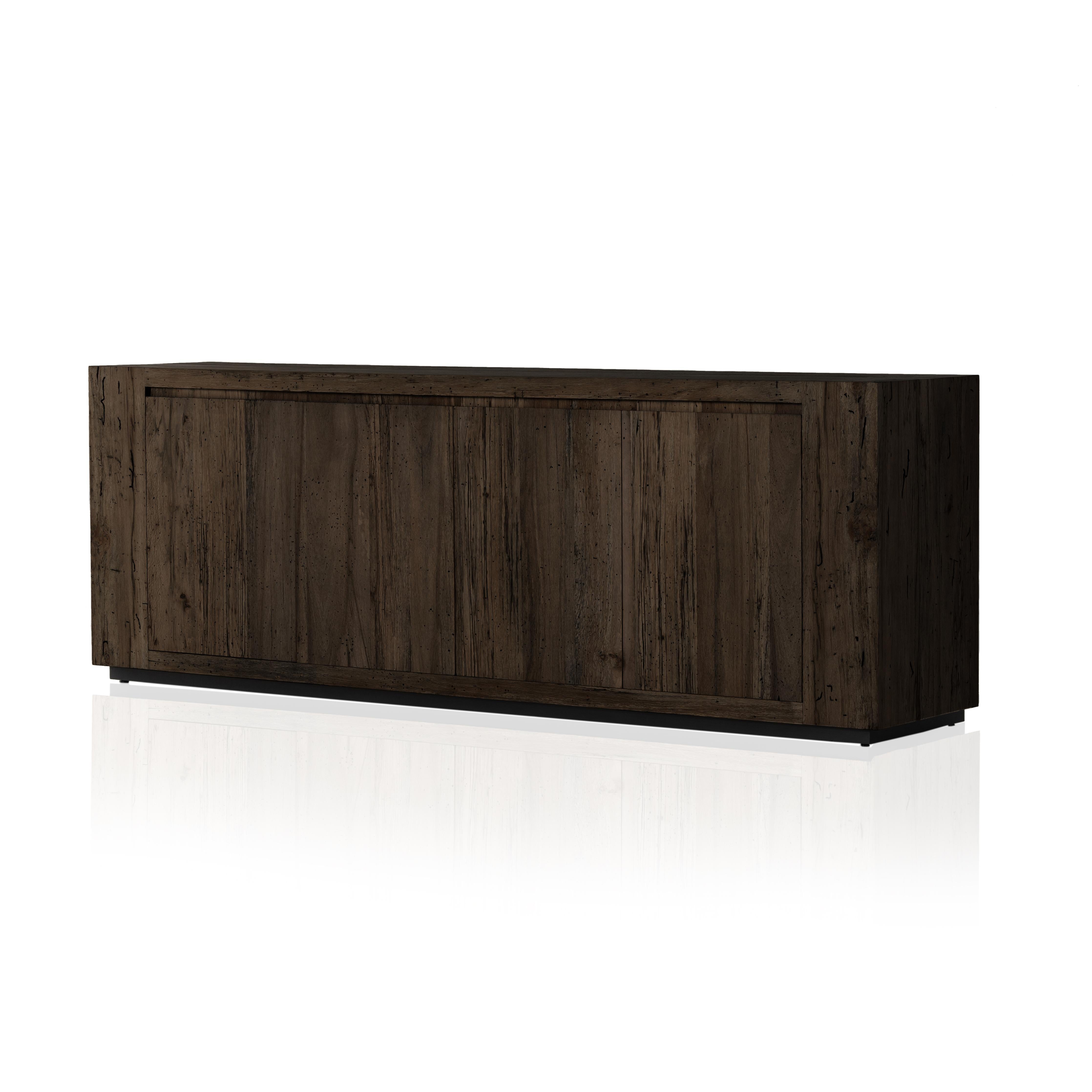 Made from thick-cut oak veneer with a faux rustic finish made to emulate wormwood, this low, large-scale sideboard features chunky squared legs and dovetail joinery detailing. Amethyst Home provides interior design, new home construction design consulting, vintage area rugs, and lighting in the Salt Lake City metro area.