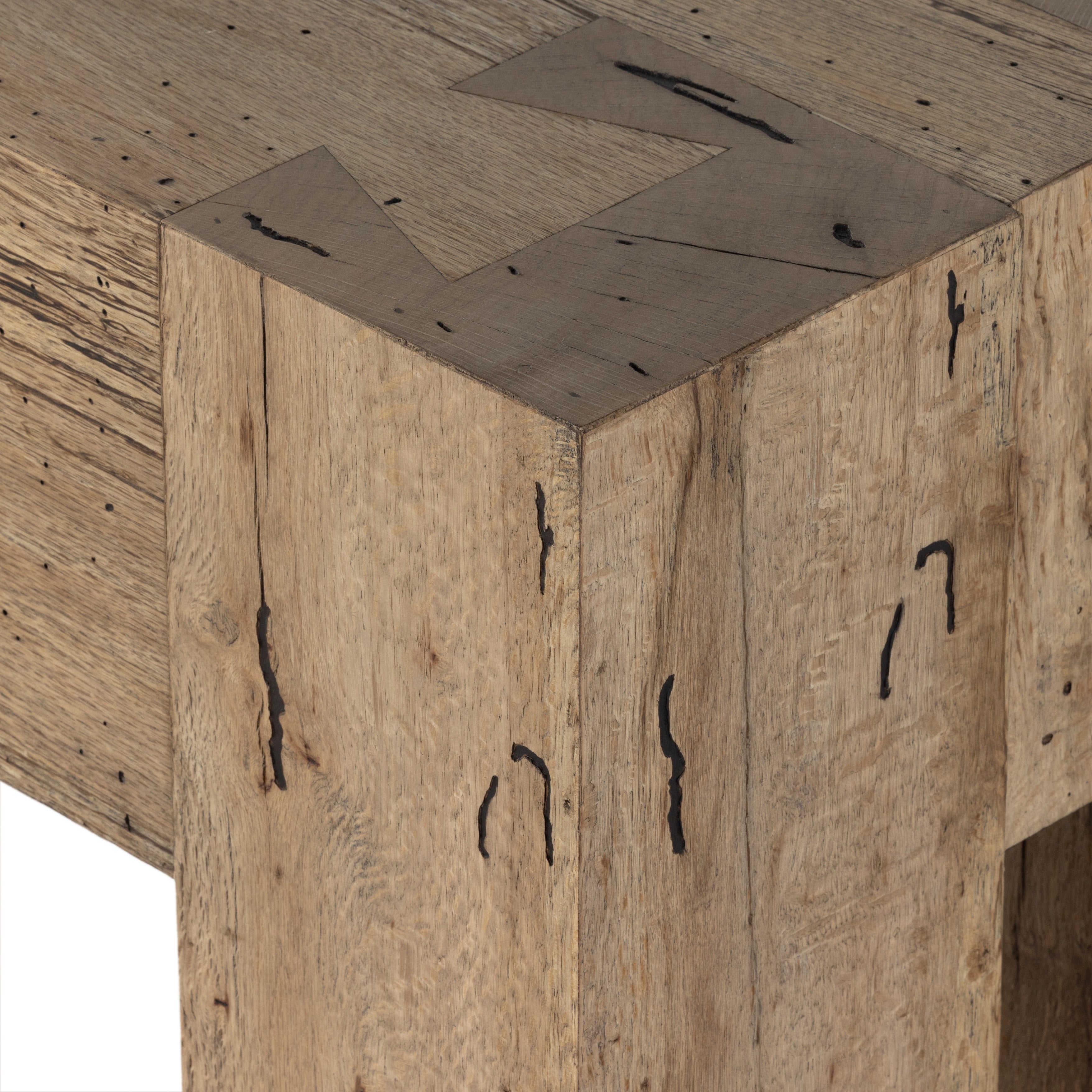 Made from thick-cut oak veneer with a faux rustic finish made to emulate wormwood, this Abaso Rustic Wormwood Oak Console Table features chunky squared legs and dovetail joinery detailing. Amethyst Home provides interior design services, furniture, rugs, and lighting in the Des Moines metro area.