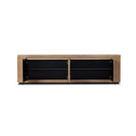 Made from thick-cut oak veneer with a faux rustic finish made to emulate wormwood, this spacious media console features chunky squared legs and dovetail joinery detailing. Amethyst Home provides interior design, new home construction design consulting, vintage area rugs, and lighting in the Houston metro area.
