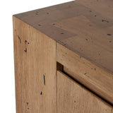 Made from thick-cut oak veneer with a faux rustic finish made to emulate wormwood, this spacious media console features chunky squared legs and dovetail joinery detailing. Amethyst Home provides interior design, new home construction design consulting, vintage area rugs, and lighting in the Los Angeles metro area.