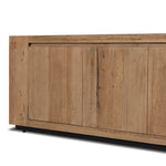 Made from thick-cut oak veneer with a faux rustic finish made to emulate wormwood, this spacious media console features chunky squared legs and dovetail joinery detailing. Amethyst Home provides interior design, new home construction design consulting, vintage area rugs, and lighting in the Nashville metro area.