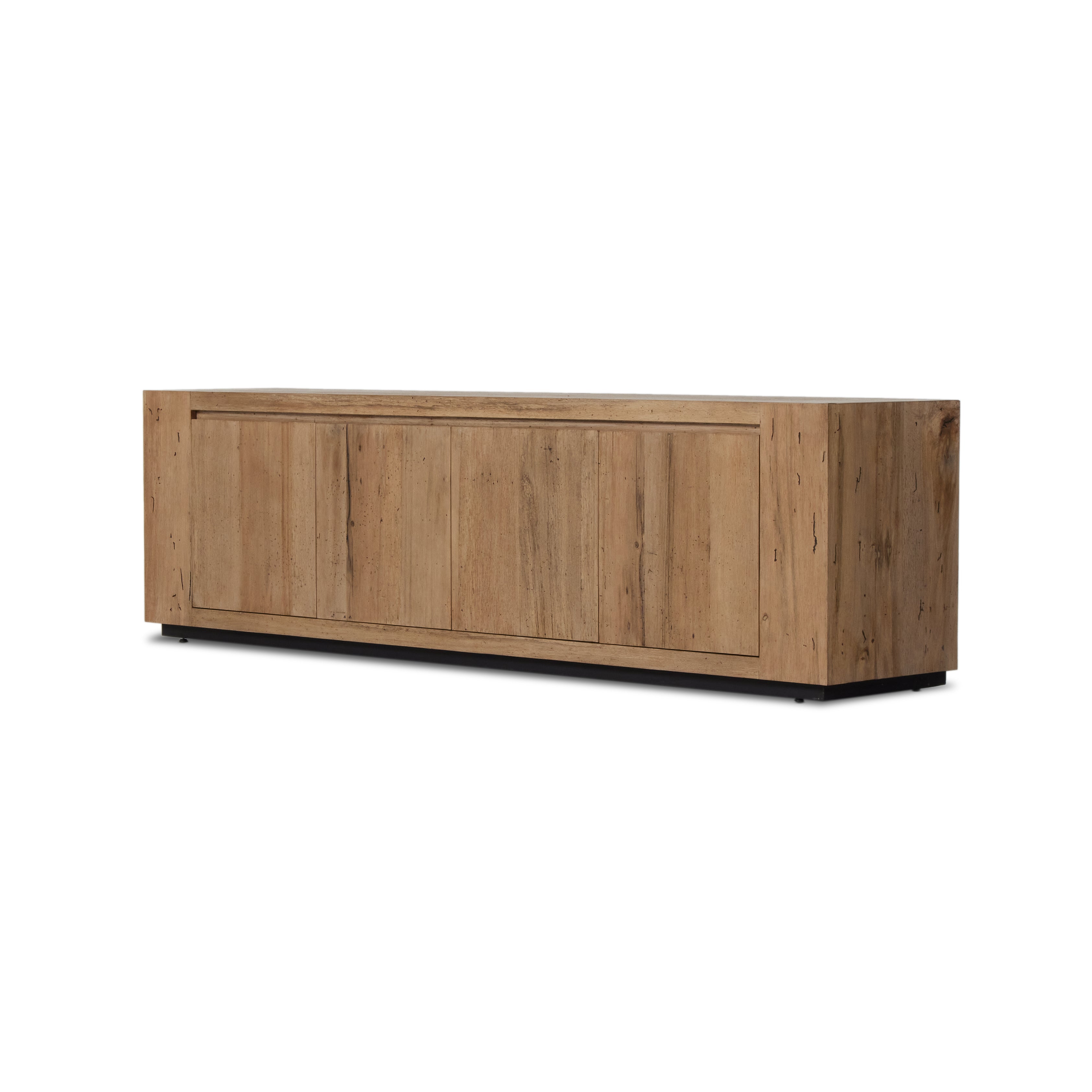 Made from thick-cut oak veneer with a faux rustic finish made to emulate wormwood, this spacious media console features chunky squared legs and dovetail joinery detailing. Amethyst Home provides interior design, new home construction design consulting, vintage area rugs, and lighting in the Park City metro area.
