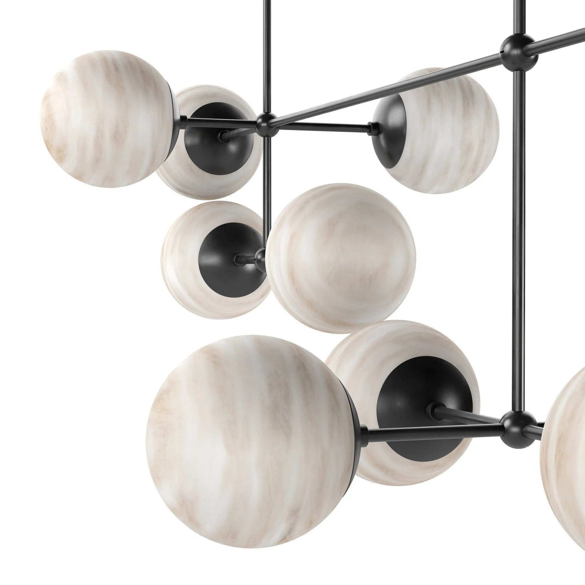Marbled glass spheres seem to extend and reach across smooth brass rods. Each globe is individually blown, shaped and sculpted by hand through a one-hour process. The finish on the brass frame is achieved through a specialized process that turns the brass into an almost black hue before the rod is polished smooth. Amethyst Home provides interior design, new home construction design consulting, vintage area rugs, and lighting in the Des Moines metro area.