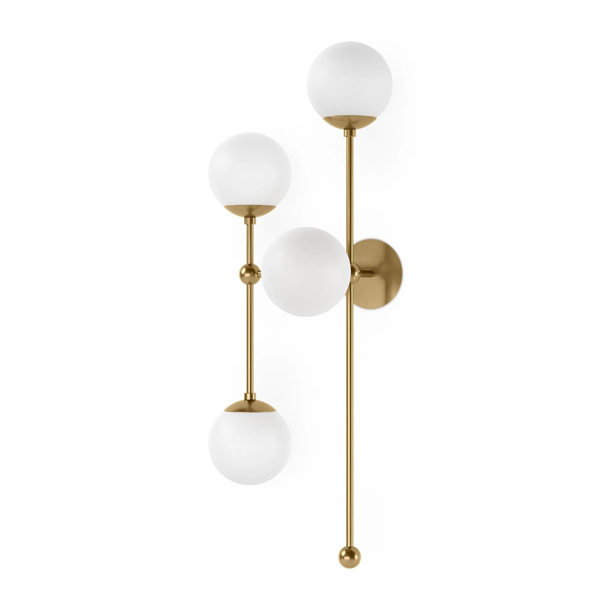 Matte glass spheres seem to extend and reach across smooth brass rods. Each globe is individually blown, shaped and sculpted by hand through a one-hour process. Matte globes are specially manufactured to evenly diffuse light. Brass and glass are 98% recyclable. Designed and sustainably made in Poland by Schwung.Overall Dimensions13.75"w x 13. Amethyst Home provides interior design, new home construction design consulting, vintage area rugs, and lighting in the Dallas metro area.