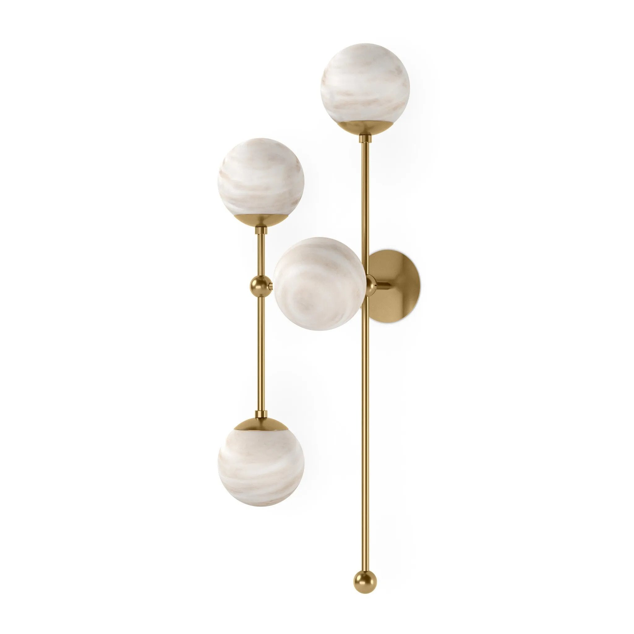 Marbled glass spheres seem to extend and reach across smooth brass rods. Each globe is individually blown, shaped and sculpted by hand through a one-hour process. Brass and glass are 98% recyclable. Designed and sustainably made in Poland by Schwung.Overall Dimensions13.75"w x 13.00"d x 36.25"hFull Details &amp; SpecificationsTear Shee Amethyst Home provides interior design, new home construction design consulting, vintage area rugs, and lighting in the Dallas metro area.