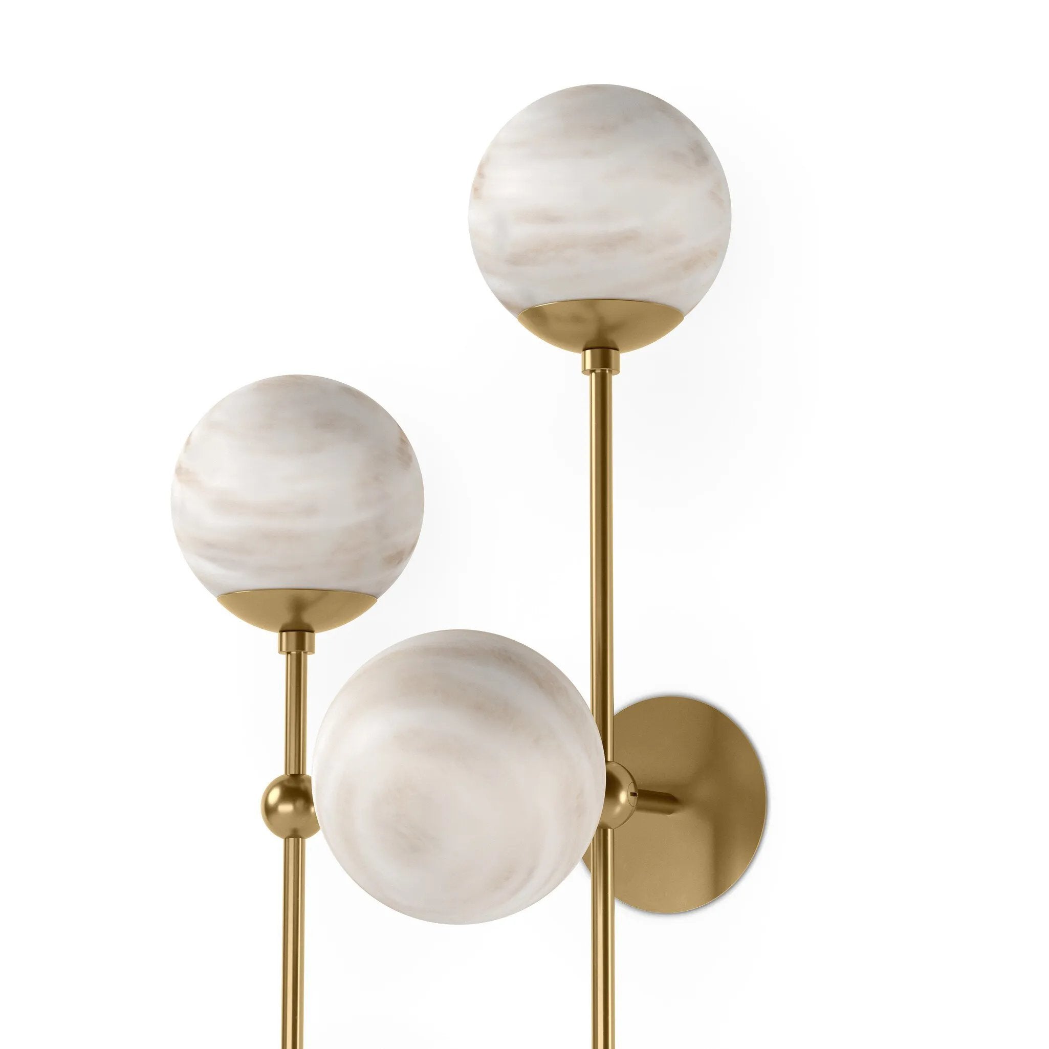 Marbled glass spheres seem to extend and reach across smooth brass rods. Each globe is individually blown, shaped and sculpted by hand through a one-hour process. Brass and glass are 98% recyclable. Designed and sustainably made in Poland by Schwung.Overall Dimensions13.75"w x 13.00"d x 36.25"hFull Details &amp; SpecificationsTear Shee Amethyst Home provides interior design, new home construction design consulting, vintage area rugs, and lighting in the Salt Lake City metro area.