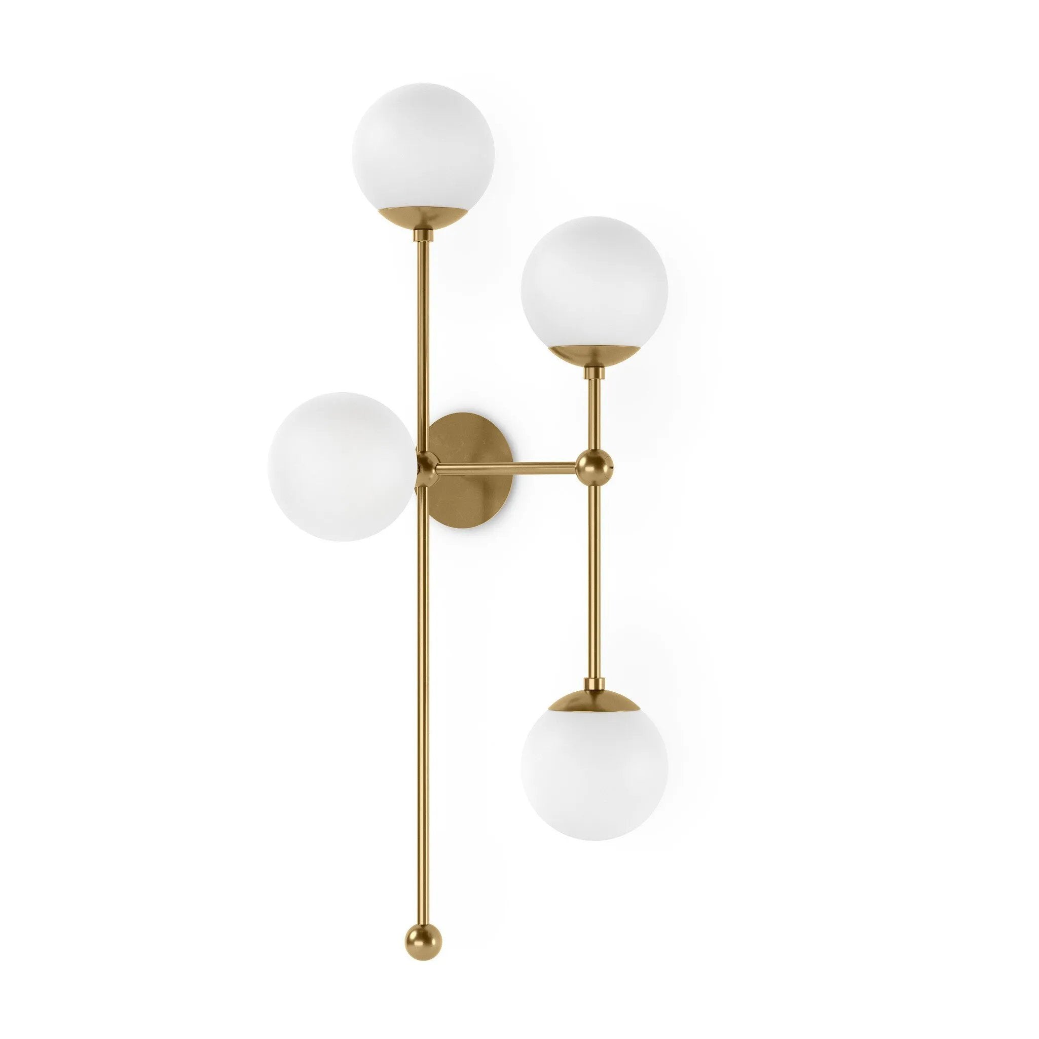 Matte glass spheres seem to extend and reach across smooth brass rods. Each globe is individually blown, shaped and sculpted by hand through a one-hour process. Matte globes are specially manufactured to evenly diffuse light. Brass and glass are 98% recyclable. Designed and sustainably made in Poland by Schwung.Overall Dimensions13.75"w x 13. Amethyst Home provides interior design, new home construction design consulting, vintage area rugs, and lighting in the Calabasas metro area.