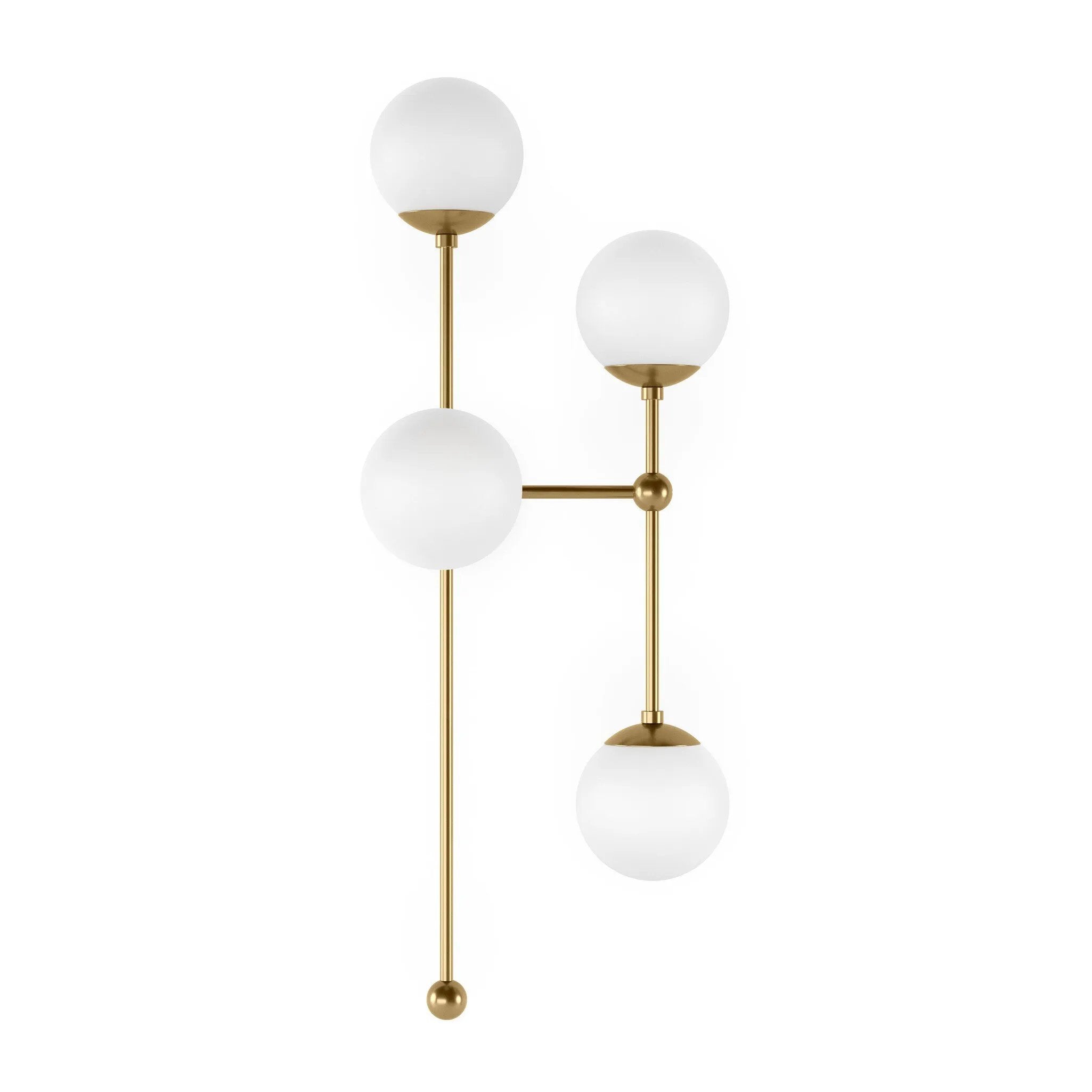 Matte glass spheres seem to extend and reach across smooth brass rods. Each globe is individually blown, shaped and sculpted by hand through a one-hour process. Matte globes are specially manufactured to evenly diffuse light. Brass and glass are 98% recyclable. Designed and sustainably made in Poland by Schwung.Overall Dimensions13.75"w x 13. Amethyst Home provides interior design, new home construction design consulting, vintage area rugs, and lighting in the Scottsdale metro area.