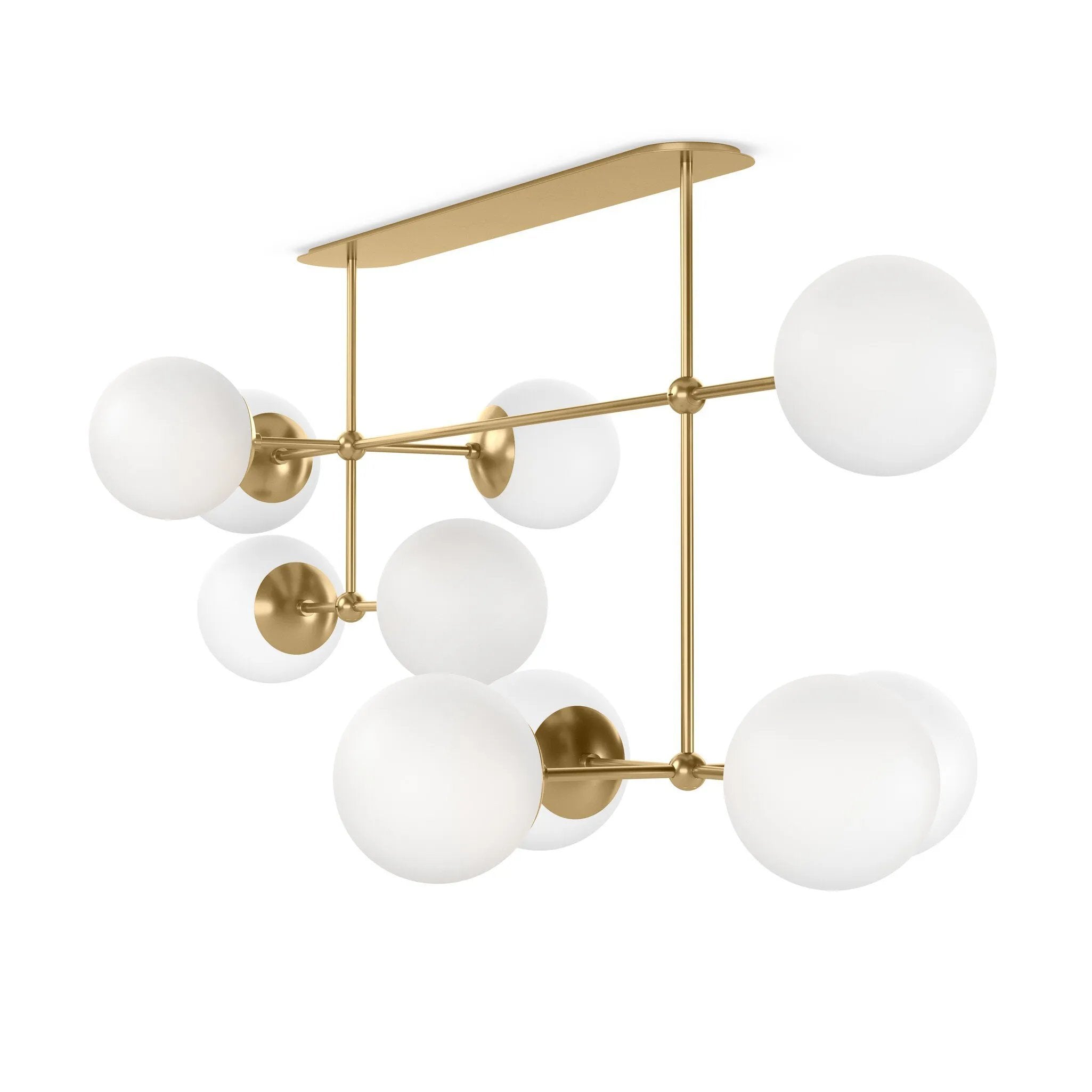 Matte glass spheres seem to extend and reach across smooth brass rods. Each globe is individually blown, shaped and sculpted by hand through a one-hour process. Matte globes are specially manufactured to evenly diffuse light. Brass and glass are 98% recyclable. Designed and sustainably made in Poland by Schwung.Overall Dimensions64.25"w x 30. Amethyst Home provides interior design, new home construction design consulting, vintage area rugs, and lighting in the Austin metro area.