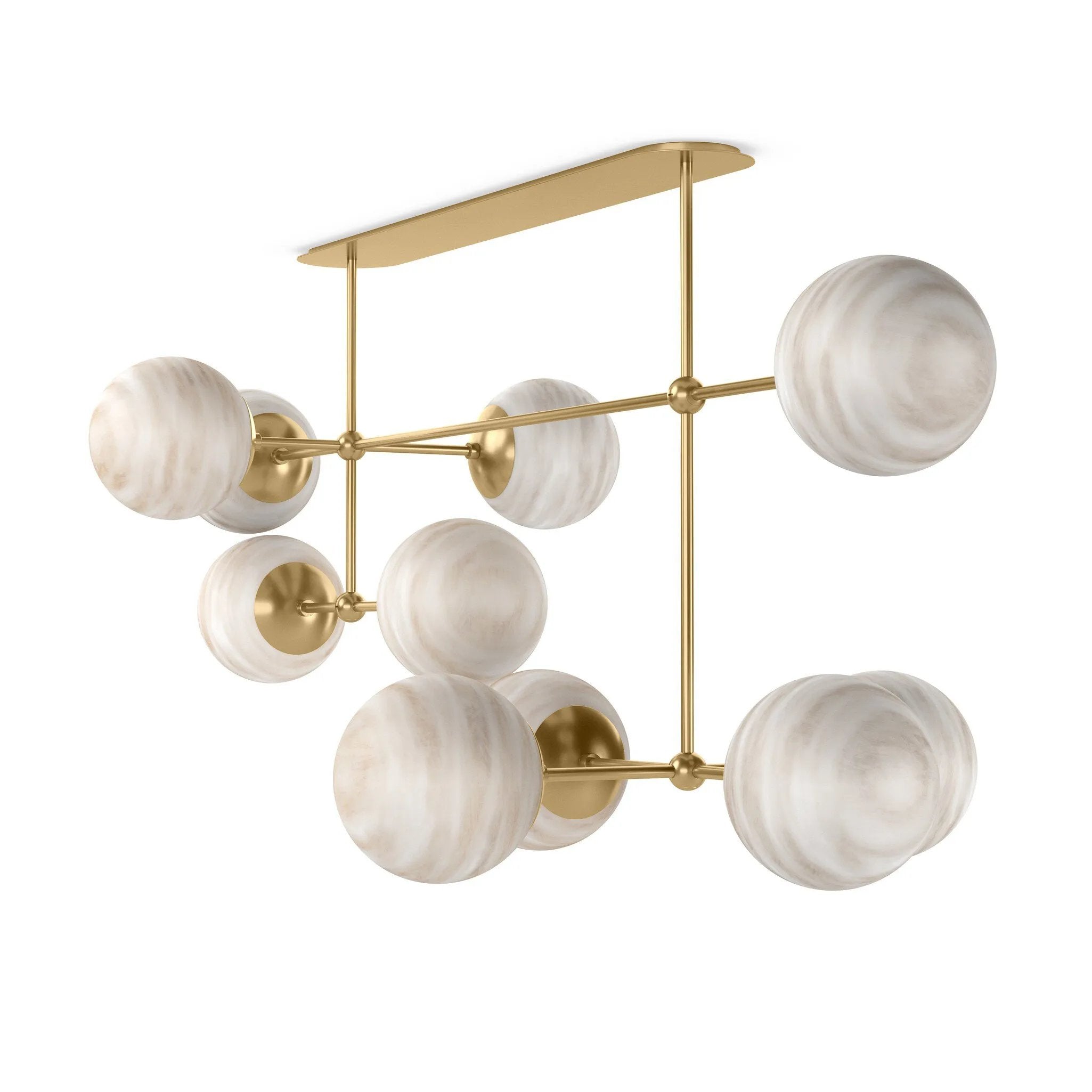 Marbled glass spheres seem to extend and reach across smooth brass rods. Each globe is individually blown, shaped and sculpted by hand through a one-hour process. Brass and glass are 98% recyclable. Designed and sustainably made in Poland by Schwung.Overall Dimensions64.25"w x 30.25"d x 28.75"hFull Details &amp; SpecificationsTear Shee Amethyst Home provides interior design, new home construction design consulting, vintage area rugs, and lighting in the Austin metro area.