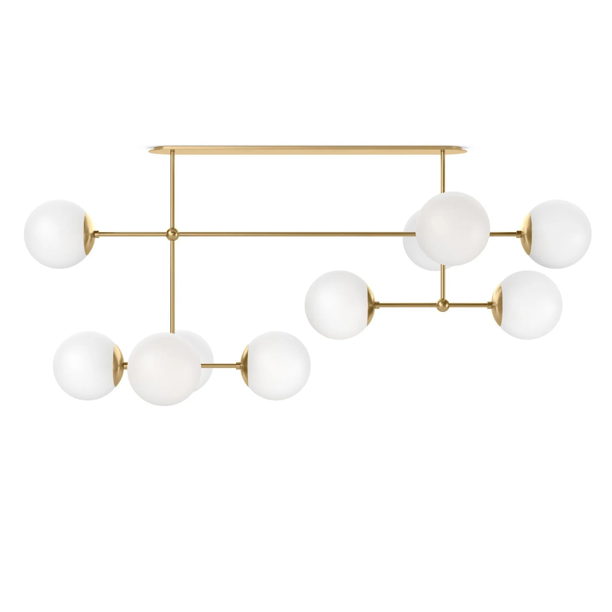 Matte glass spheres seem to extend and reach across smooth brass rods. Each globe is individually blown, shaped and sculpted by hand through a one-hour process. Matte globes are specially manufactured to evenly diffuse light. Brass and glass are 98% recyclable. Designed and sustainably made in Poland by Schwung.Overall Dimensions64.25"w x 30. Amethyst Home provides interior design, new home construction design consulting, vintage area rugs, and lighting in the Kansas City metro area.