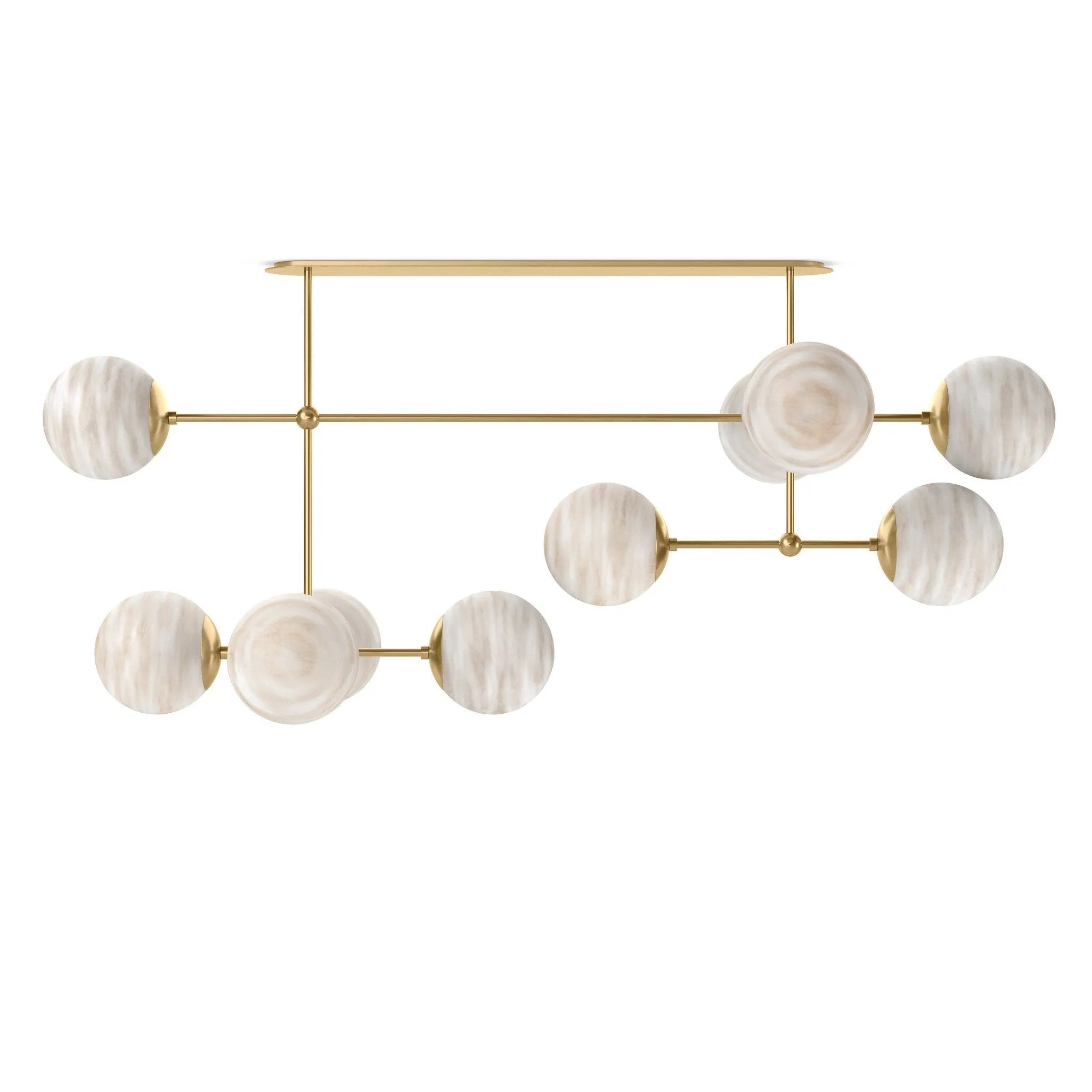 Marbled glass spheres seem to extend and reach across smooth brass rods. Each globe is individually blown, shaped and sculpted by hand through a one-hour process. Brass and glass are 98% recyclable. Designed and sustainably made in Poland by Schwung.Overall Dimensions64.25"w x 30.25"d x 28.75"hFull Details &amp; SpecificationsTear Shee Amethyst Home provides interior design, new home construction design consulting, vintage area rugs, and lighting in the Omaha metro area.