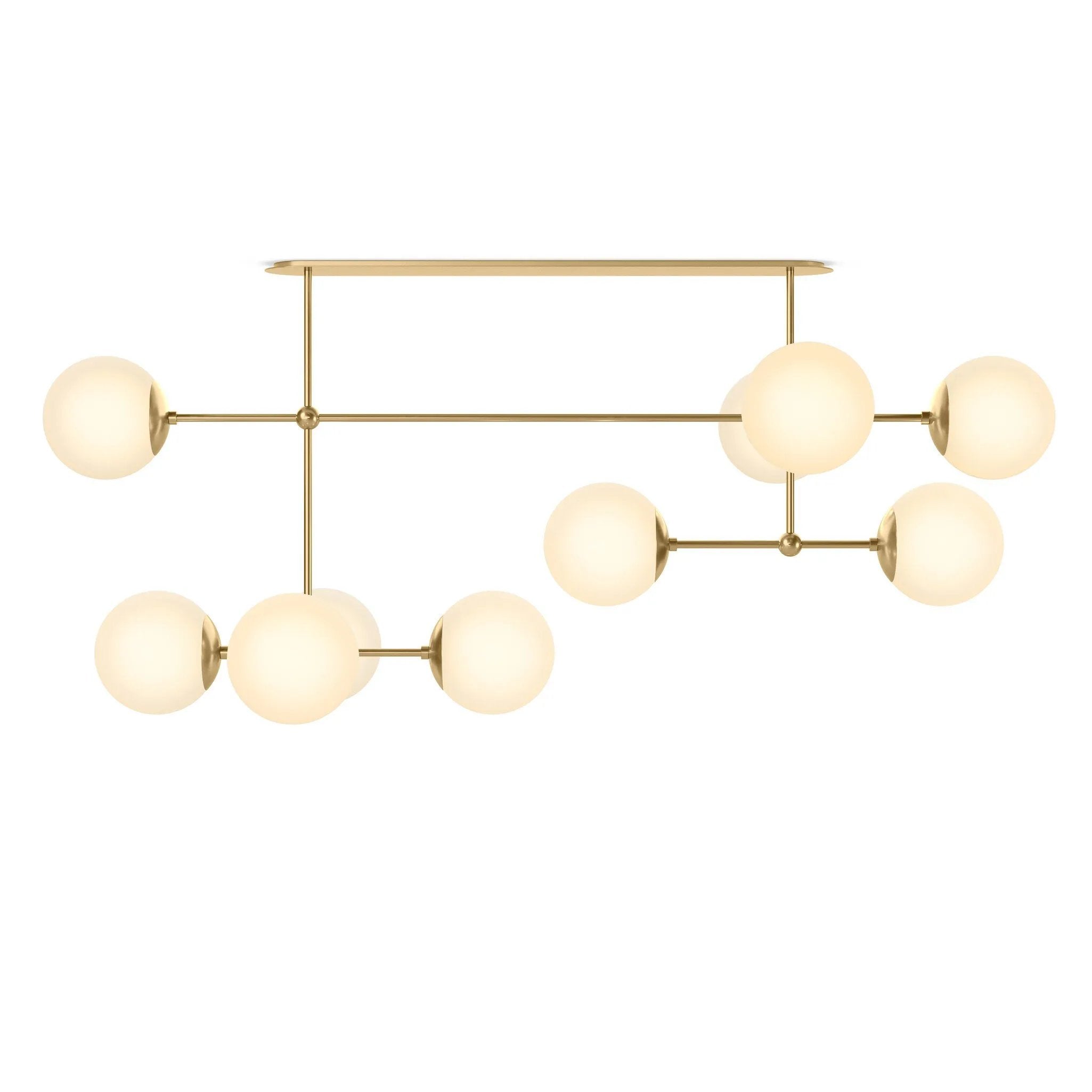 Matte glass spheres seem to extend and reach across smooth brass rods. Each globe is individually blown, shaped and sculpted by hand through a one-hour process. Matte globes are specially manufactured to evenly diffuse light. Brass and glass are 98% recyclable. Designed and sustainably made in Poland by Schwung.Overall Dimensions64.25"w x 30. Amethyst Home provides interior design, new home construction design consulting, vintage area rugs, and lighting in the Winter Garden metro area.