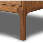 Inspired by campaign-style furniture of the 1800s â€” packable pieces first designed for traveling military use â€” a simply shaped dresser of natural walnut features a subtly inset top and rounded legs, finished with wooden hardware Amethyst Home provides interior design, new home construction design consulting, vintage area rugs, and lighting in the Alpharetta metro area.