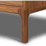 Inspired by campaign-style furniture of the 1800s â€” packable pieces first designed for traveling military use â€” a simply shaped dresser of natural walnut features a subtly inset top and rounded legs, finished with wooden hardware Amethyst Home provides interior design, new home construction design consulting, vintage area rugs, and lighting in the Alpharetta metro area.
