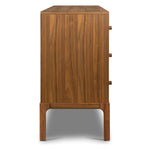 Inspired by campaign-style furniture of the 1800s â€” packable pieces first designed for traveling military use â€” a simply shaped dresser of natural walnut features a subtly inset top and rounded legs, finished with wooden hardware Amethyst Home provides interior design, new home construction design consulting, vintage area rugs, and lighting in the Houston metro area.