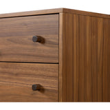 Inspired by campaign-style furniture of the 1800s â€” packable pieces first designed for traveling military use â€” a simply shaped dresser of natural walnut features a subtly inset top and rounded legs, finished with wooden hardware Amethyst Home provides interior design, new home construction design consulting, vintage area rugs, and lighting in the San Diego metro area.