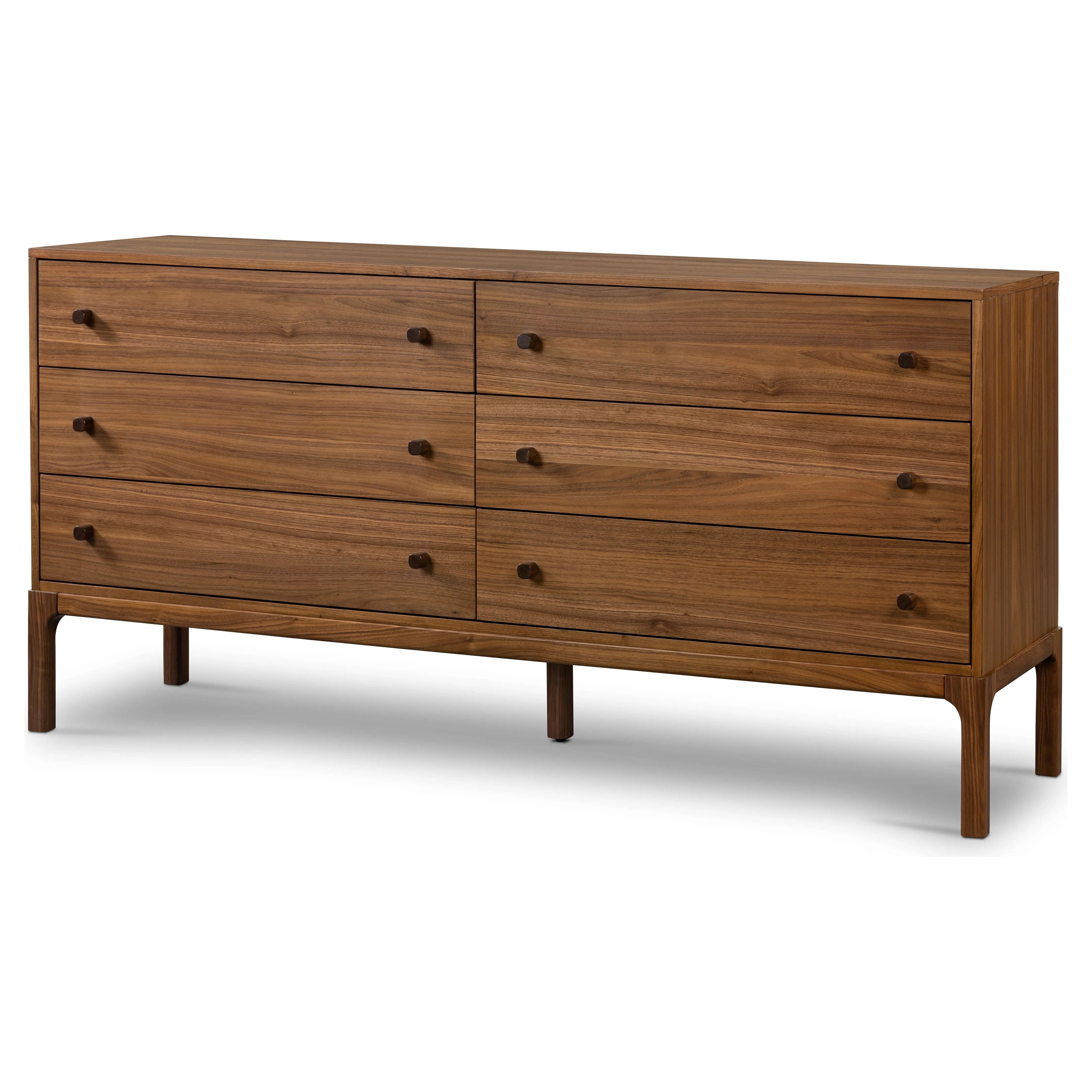Inspired by campaign-style furniture of the 1800s â€” packable pieces first designed for traveling military use â€” a simply shaped dresser of natural walnut features a subtly inset top and rounded legs, finished with wooden hardware Amethyst Home provides interior design, new home construction design consulting, vintage area rugs, and lighting in the Washington metro area.